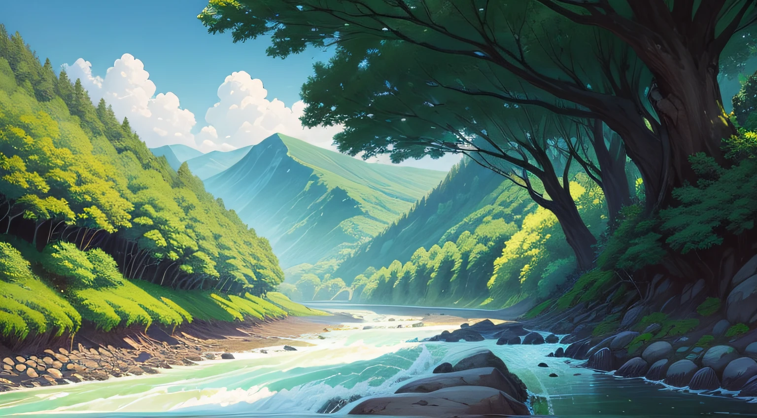 Landscape painting、(illustratio:1.3)、jpn、Big rivers。Left-to-right flow。Both banks are flat。lush nature。