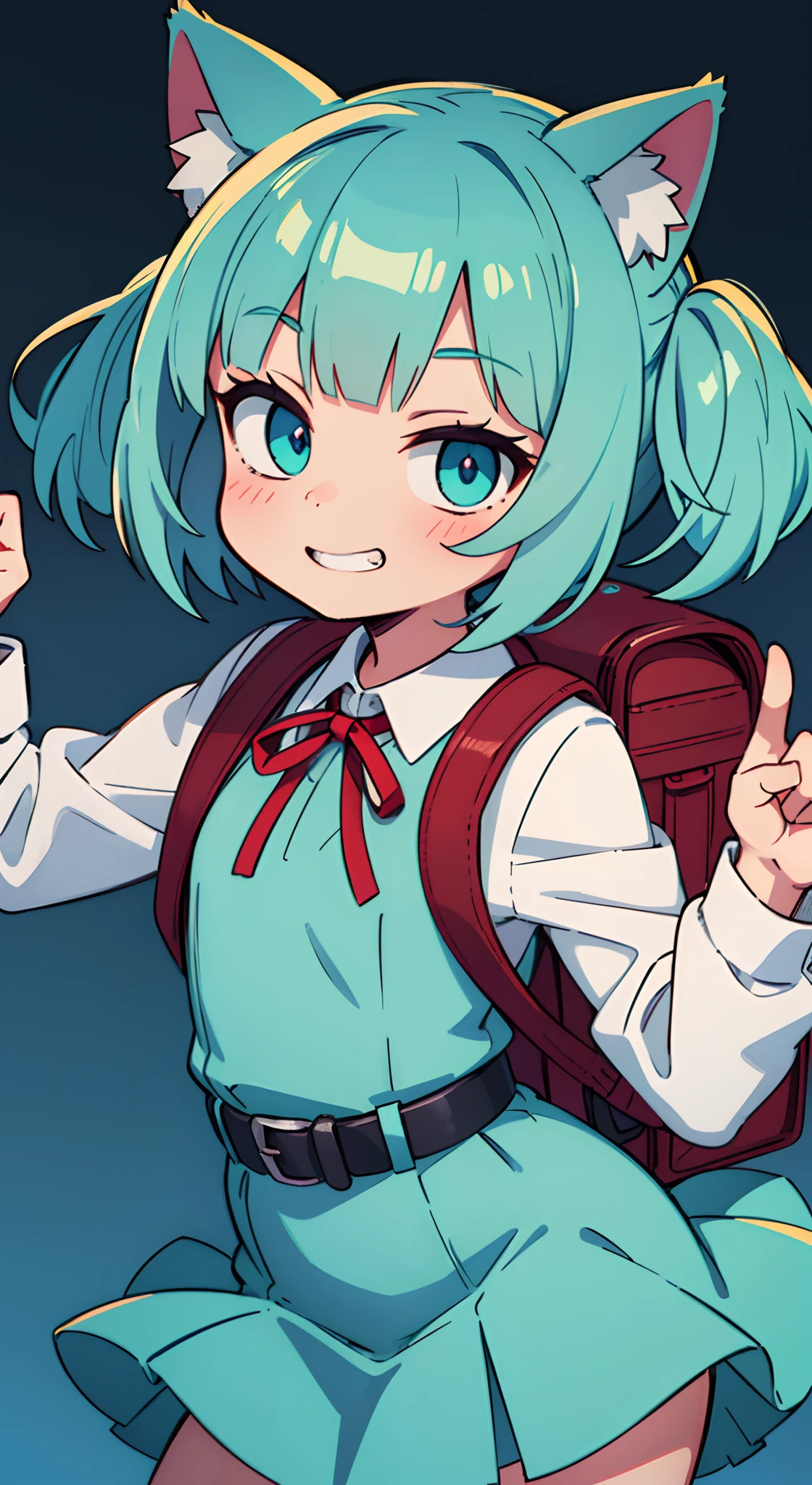 portrait of solo ((catgirl)) (child, 9 years old), ((short fluffy turquoise hair in a wavy bob-cut with (low twintails))), ((turquoise nekomimi)), flat-chested, smug grin, from below, low angle, ((loose) dark blue primary schooler long-sleeved one-piece uniform, red ribbon), solid color light background, masterpiece, (facing forward), squinted eyes, (dark turquoise eyes), (red primary school backpack), belt