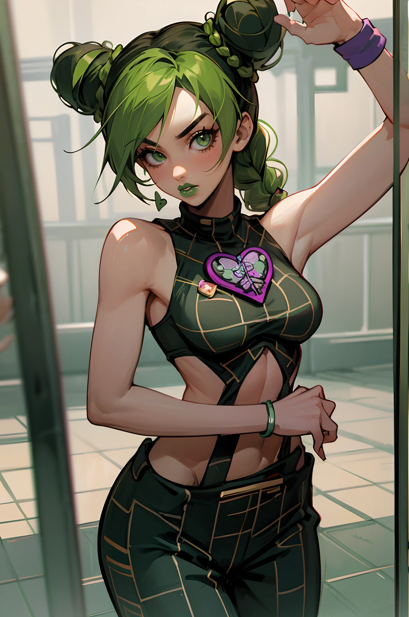 Jolyne Cujoh, green hair, black hair, braid, double hair bun, green eyes, green lipstick, full lips, wristband, tattoo, cowboy shot, 1girl, medium breasts, solo, female focus, jail, jail cell, bars