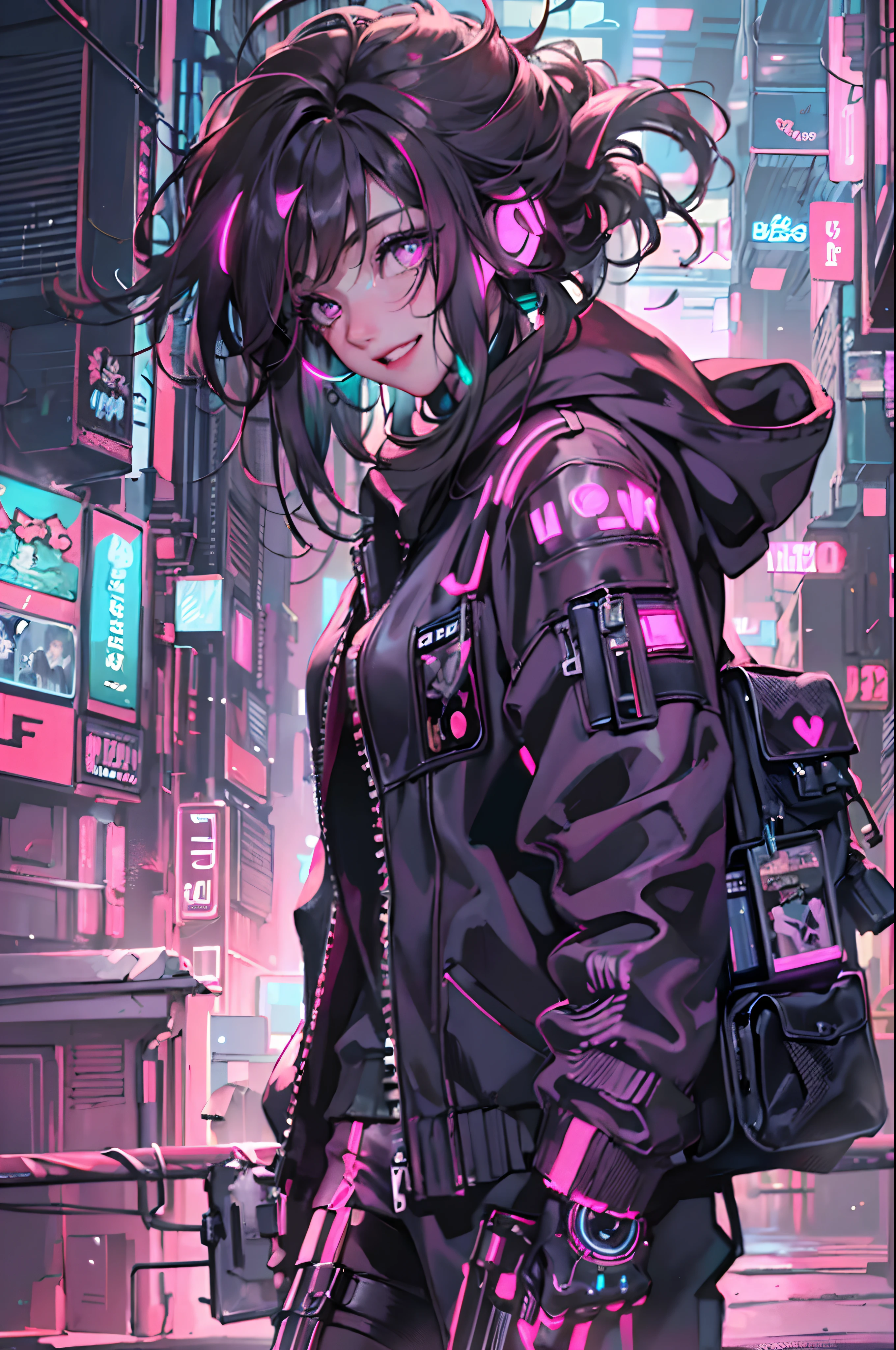 1male people、(A handsome man:1.4)、(A confident smile:1.2)、(30 age old)、(brunette color hair)、(Top image quality)、(8K picture quality)、(cyber punk perssonage)、(masutepiece)、(Wear a military uniform with a shiny cyberpunk hood)、(A confident smile:1.2)、(Full body photo)、(Excessively glowing flowers fly:1.5)、cinematric light, Cinema Shadow, Sharp images, Extremely detailed, volumetr, bright sprite, Particle effect, beautiful effects, Vivid colors, neonlight, (pink neon lights:1.5), Highly detailed image textures, detailed hairs, Detailed face, Detailed eyes, Full body photo, City、Dark hair、A shimmering red glow、Photo from the knee up、beautiful effects, Vivid colors, Highly detailed image textures, detailed hairs, Detailed eyes,(cyberpunk city landscape:1.5)、