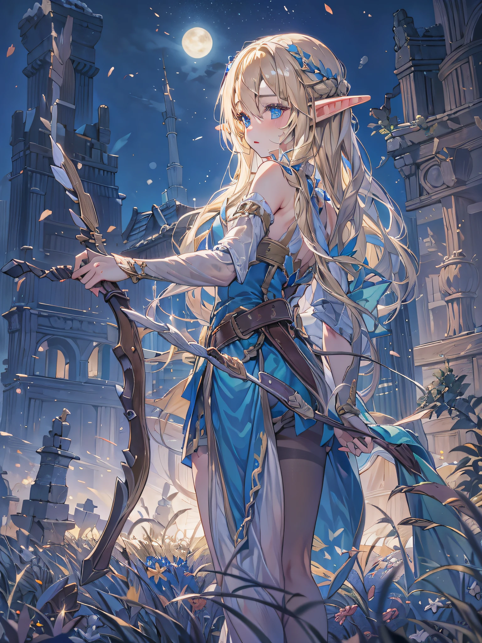 elf girl, blonde long hair, blue eyes, blue dress, having prepare a long bow and arrows, at the evening twilight, Ruins of an old castle, at the grasslands