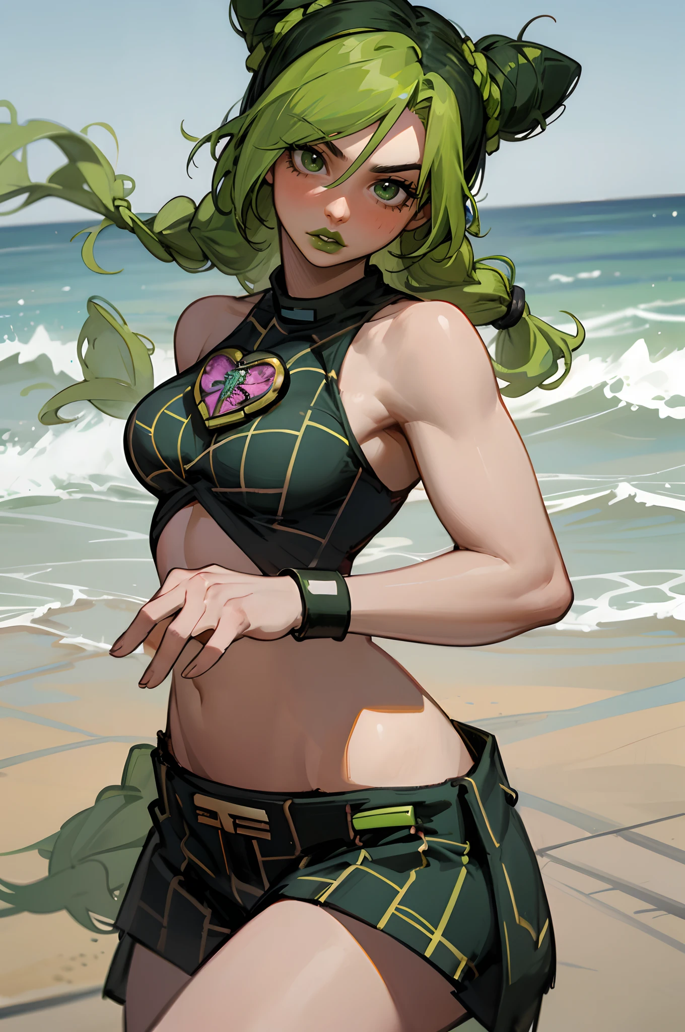 ((8K resolution))、((highest quality))、((masterpiece))、((Super detailed))((((dramatic))), (anatomically correct)、Depth of object being written、look at the camera、one person、one personの女性、front、white skin、Thin but muscular body, defined abs, toned arms, long and thin legs, Athletic Presence,(hair color:left dark green,Right yellow、hairstyle:left braid, right long wave)、earrings、舌earrings、jagged teeth、(Show sharp fangs)、yellow eyes、half closed eyes / Bad mood 、tattoo、(theme、whole body:1.1), crocodile skinのジャケット、crocodile skinのズボン、gold buckle belt、golden bikini、crocodile skin、crocodile tail、white background