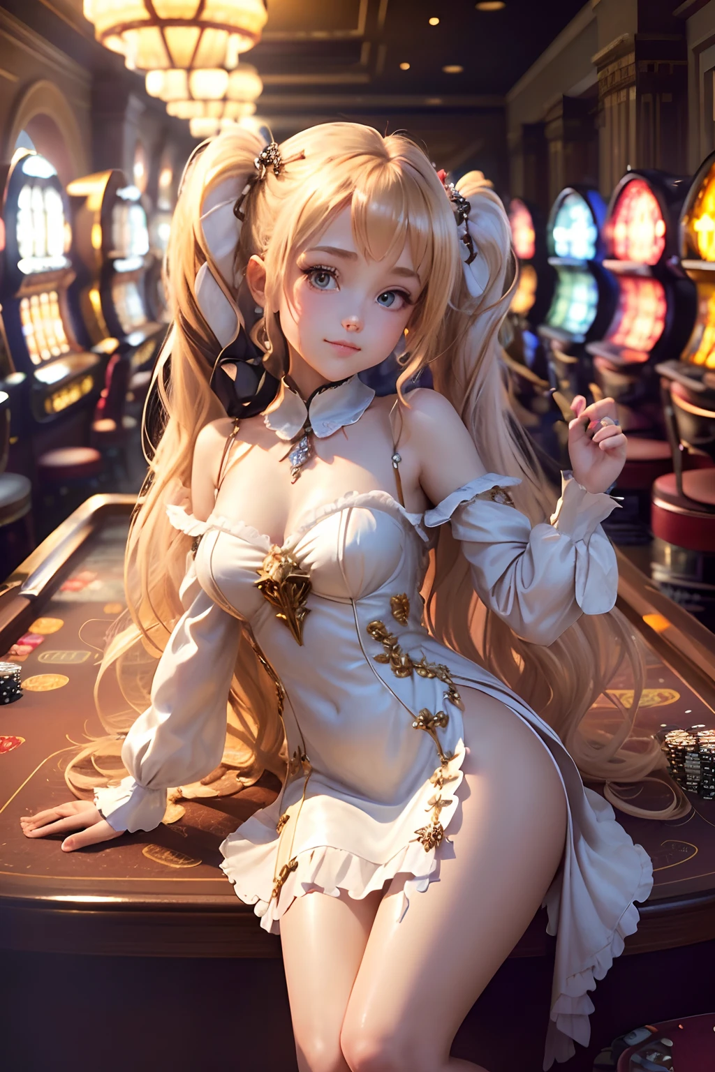 (the Extremely Detailed CG Unity 8K Wallpapers), most beautiful artwork in the world, 1girl in ,Petite girl with blonde twin tails,((Great Hall of the Middle Ages)),Night,A slight smil,Look at viewers,((Luxury marble saloon)),((Angel Dress)),((stain glass)),chandeliers,(((Keno Casino))),(((Casino Dealers))),Million Dollar Daughter