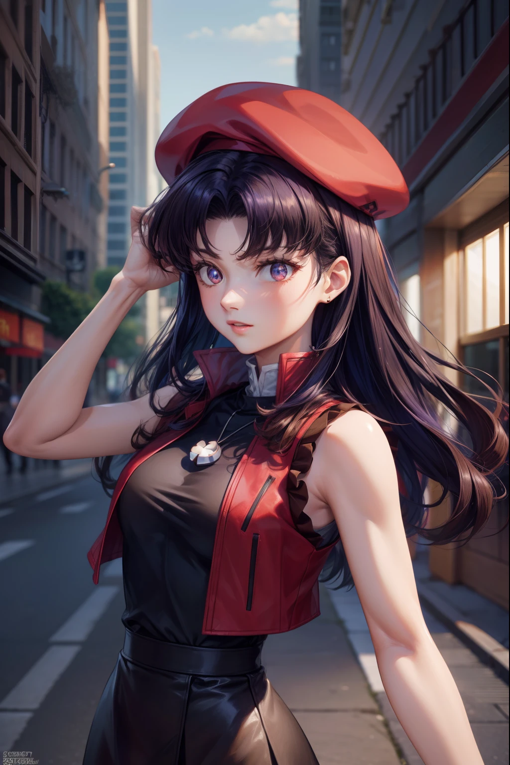 misatokatsuragi, misato katsuragi, long hair, (brown eyes:1.5), blue hair, purple hair,
BREAK hat, dress, bare shoulders, jewelry, jacket, earrings, open clothes, sleeveless, necklace, black dress, open jacket, sleeveless dress, beret, short dress, cross, red headwear, red jacket, cross necklace,
BREAK looking at viewer,
BREAK outdoors, city,
BREAK (masterpiece:1.2), best quality, high resolution, unity 8k wallpaper, (illustration:0.8), (beautiful detailed eyes:1.6), extremely detailed face, perfect lighting, extremely detailed CG, (perfect hands, perfect anatomy),