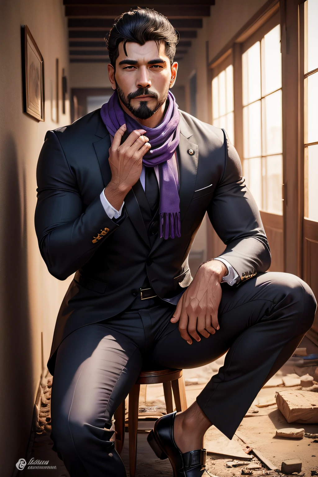 Homem elegante, na casa dos 50 anos, maduro, cabelo preto escuro, cabelos lisos curtos, hair up to neck height, olhos alaranjados, tapa-olho preto, blusa social cinza, blusa escura por baixo, purple scarf on tie, gray dress pants, sapato social preto, bengala cor de marfim, sorrindo discretamente, homem musculoso, Abandoned city scenery, wreckage, beautiful man.
