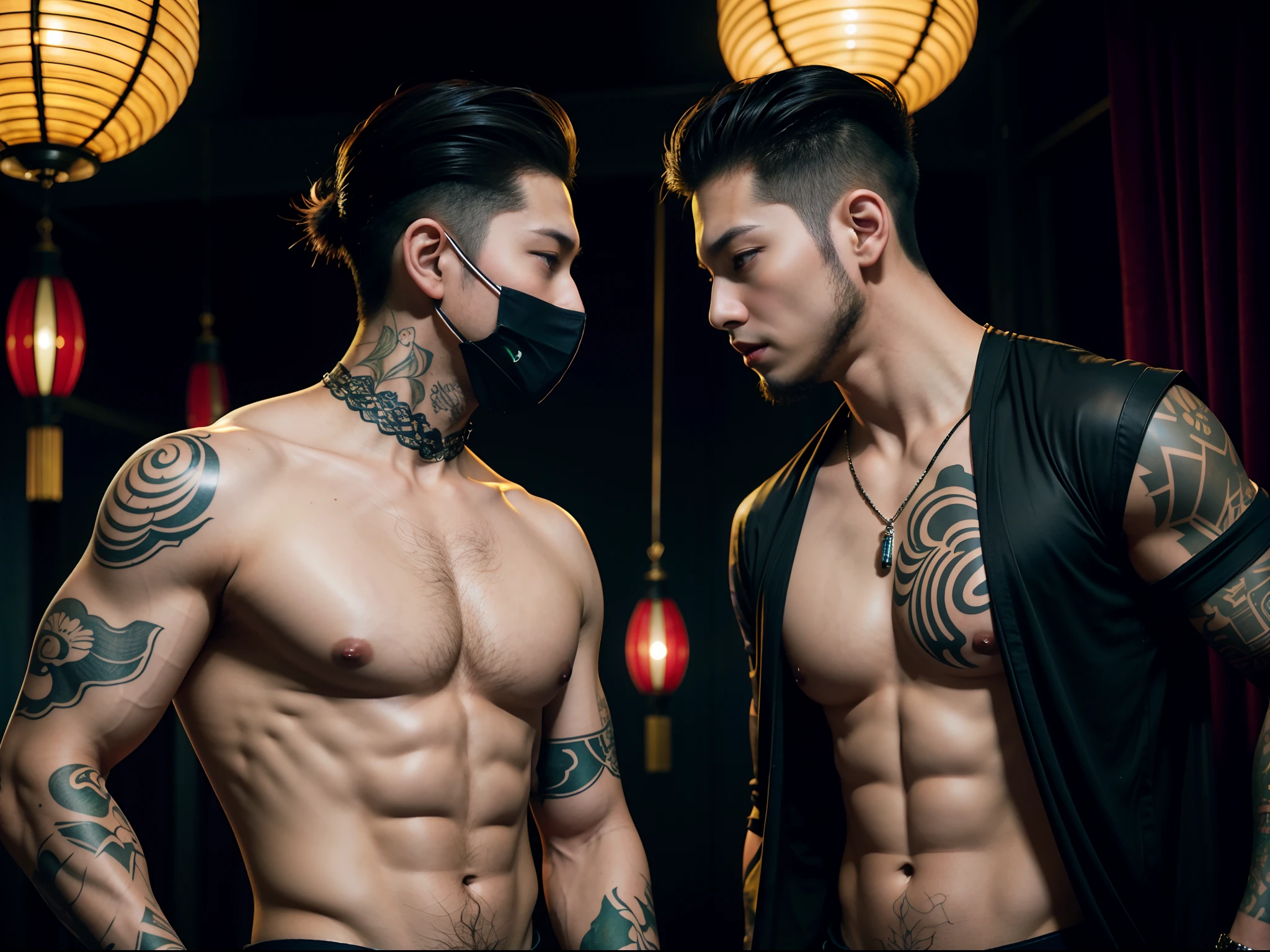 Two men with tattoos and masks on their faces stand in a room, alessio albi and shin jeongho, two muscular men entwined, ruan jia and brom, 2 muscular attractive men, jin shan and ross tran, roberto ferri and ruan jia, muscular men intertwined, & jeehyung lee & Phlegm sputum, phlegm