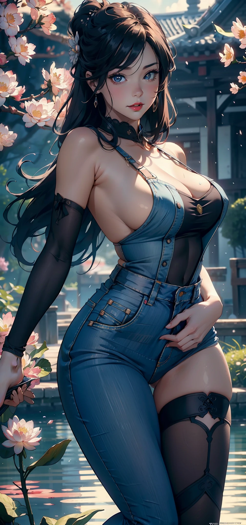 1female,45 yers old,Married Woman,熟妇,plumw,extremely large bosom, 独奏,(Background with:ponds,Cherry blossom forest,lotus flower)Lie underwater, She has long pink hair,seen from the front,, mostly cloudy sky,(((tmasterpiece),(Very detailed CG unity 8K wallpaper),best qualtiy,cinmatic lighting,detailed back ground,beatiful detailed eyes,Bright pupils,Black eyes,Snow-whiteskin,Redlip(Very fine and beautiful),(Beautiful and detailed eye description),ultra - detailed,tmasterpiece,))facing at camera,A high resolution,ultra - detailed),revealing breasts,Bare genitalia, Bulge,legs are open,Raised sexy,Camel toes,Desire for dissatisfaction,frontage,(Wearing:Blue denim apron)