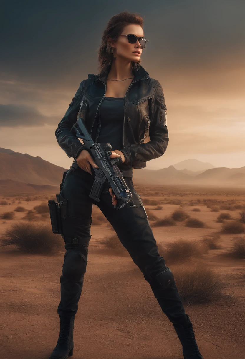 an attractive woman [gunslinger:bounty hunter:0.4] standing in a apocalyptic wilderness, holding a pistol, aiming towards camera in hand, (glitchwave style:1), (top-quality、8K、32K、​masterpiece)、(The ultra -The high-definition)、(Photorealsitic:1.4)、Raw photography,Charming perfect figure,Beautiful and well-groomed face、actionpose:1.2,Detailed cyberpunk fashion、World of Cyberpunk,depth of fields,blurry backround