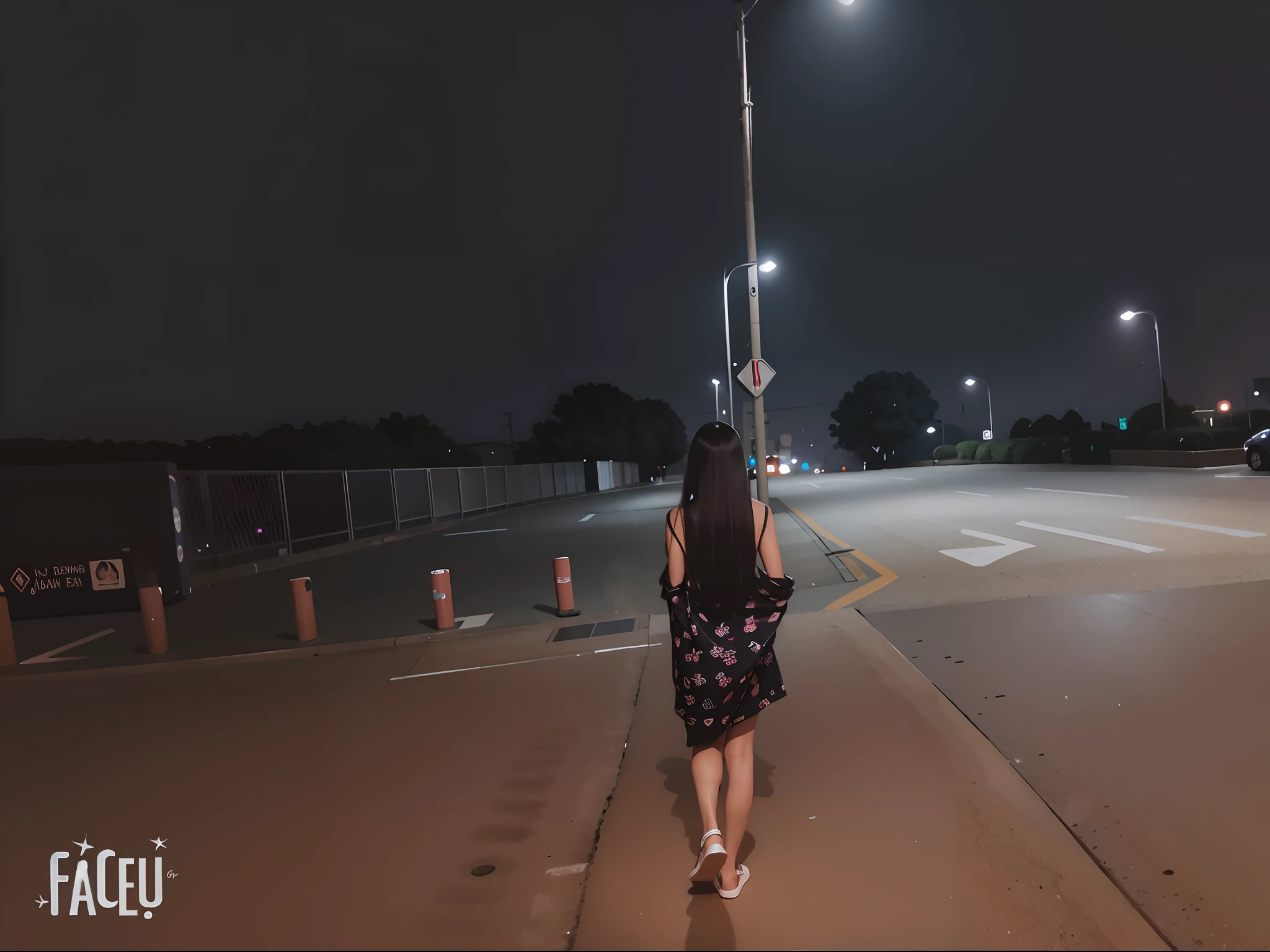 Alatei walks the street with street lamps at night, walking away from the camera, calm evening. over the shoulder shot, far away from camera, long distance photo, harsh flash photo at night, taken with canon eos 5 d mark iv, nighttime photography, taken with sigma 2 0 mm f 1. 4, standing in a parking lot