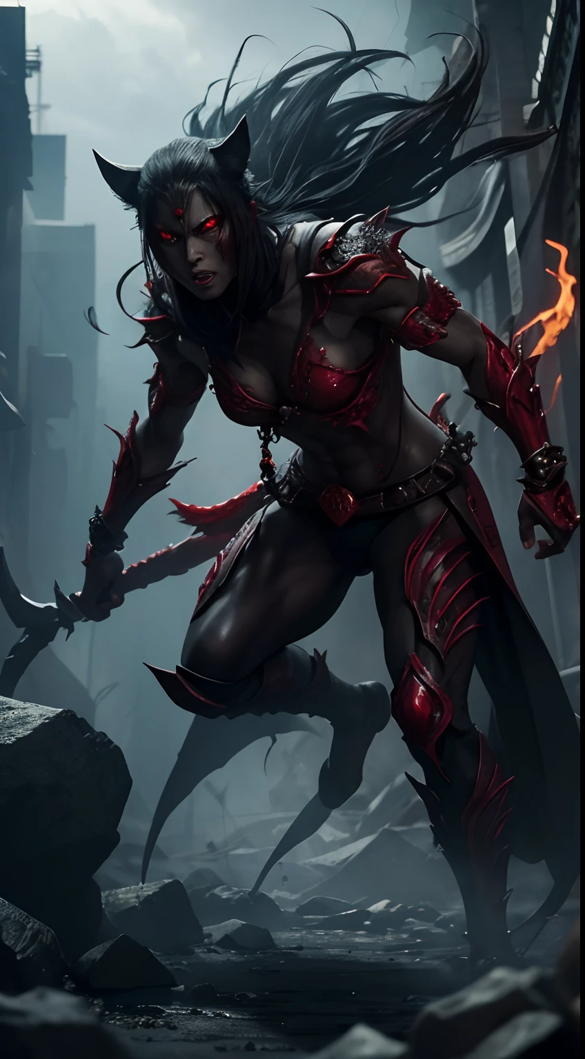 girl, Rotten Zombie Warrior, Evil look, sexy,  Wield a spear, Demon Armor, Face Paint, Body Paint, Red glowing eyes, Combat Stance, Vibrant appearance, Creative Action, Imaginative, Sensual, Voluntary, Highest quality, Skin Texture, Intricate details, (Cinema Lighting), RAW Photos, 8k