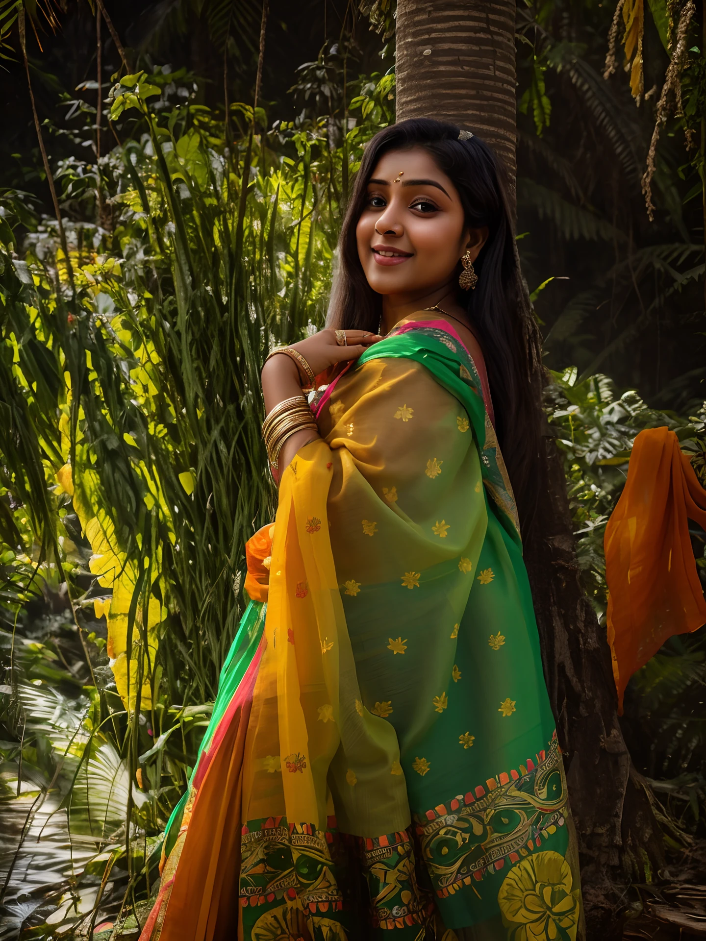 Realistic, 4k ultra masterpiece, looks like bangladeshi chubby women with sari, smile Realistic, nature background