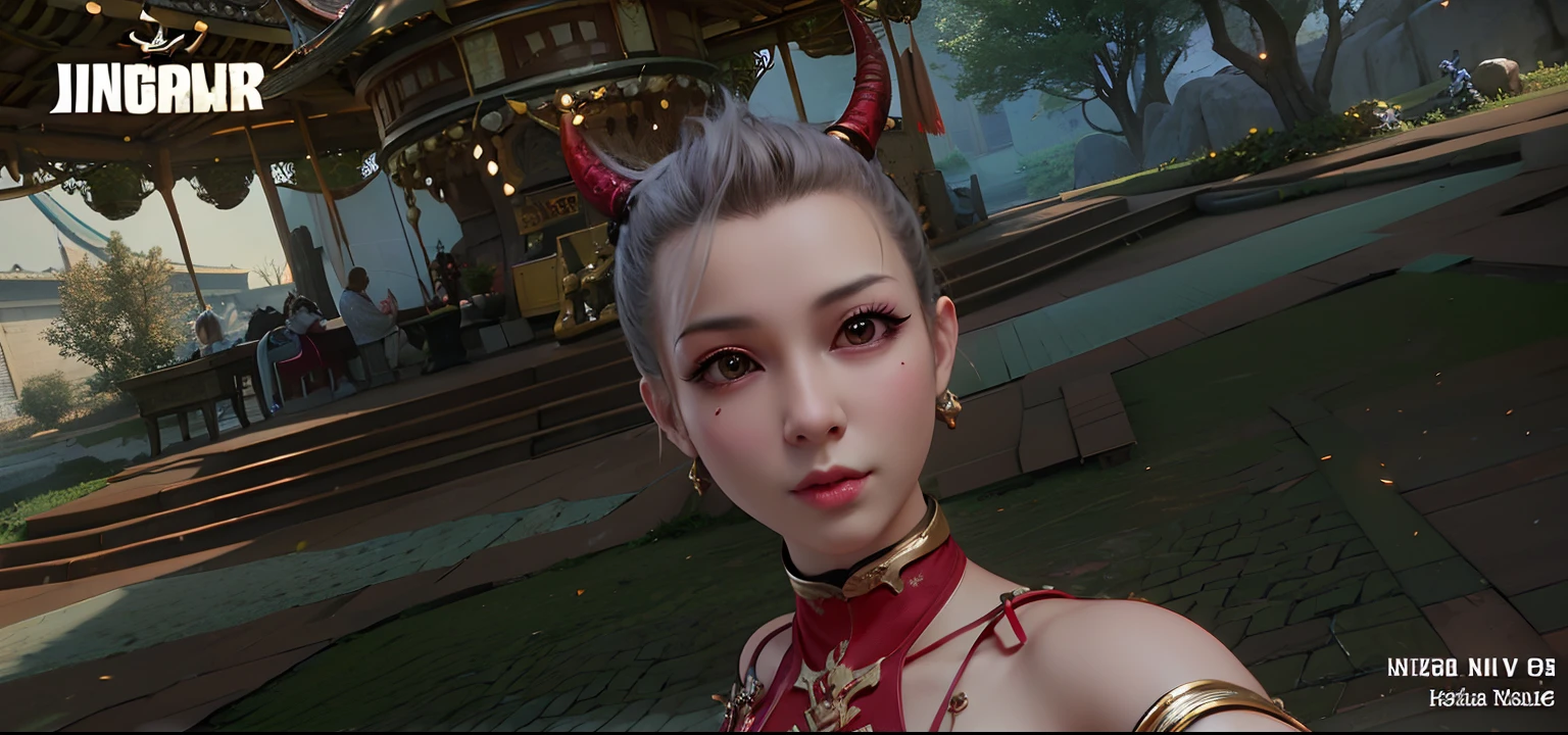 there is a woman with horns and a red dress posing for a picture, ingame image, inspired by Pu Hua, loong, with very highly detailed face, nezha, inspired by Lan Ying, from ncsoft, 8k selfie photograph, close up character, pretty face sharp chine, character close up, china doll face, devious evil expression