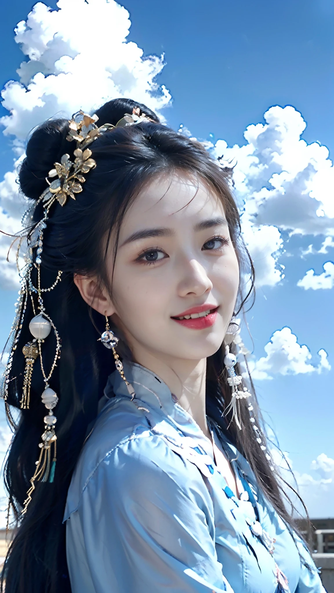 Best quality,masterpiece,ultra high res,(photorealistic:1.4),
Blue sky and white clouds,wind blow,Chinese architecture of the Song Dynasty,Cinematic lighting,
1girl,solo,real skin,clothes1beizi,hanfu,very long hair,huge breasts,double_bun,Chinese Song Dynasty elements,jewelry,long legs,light smile,