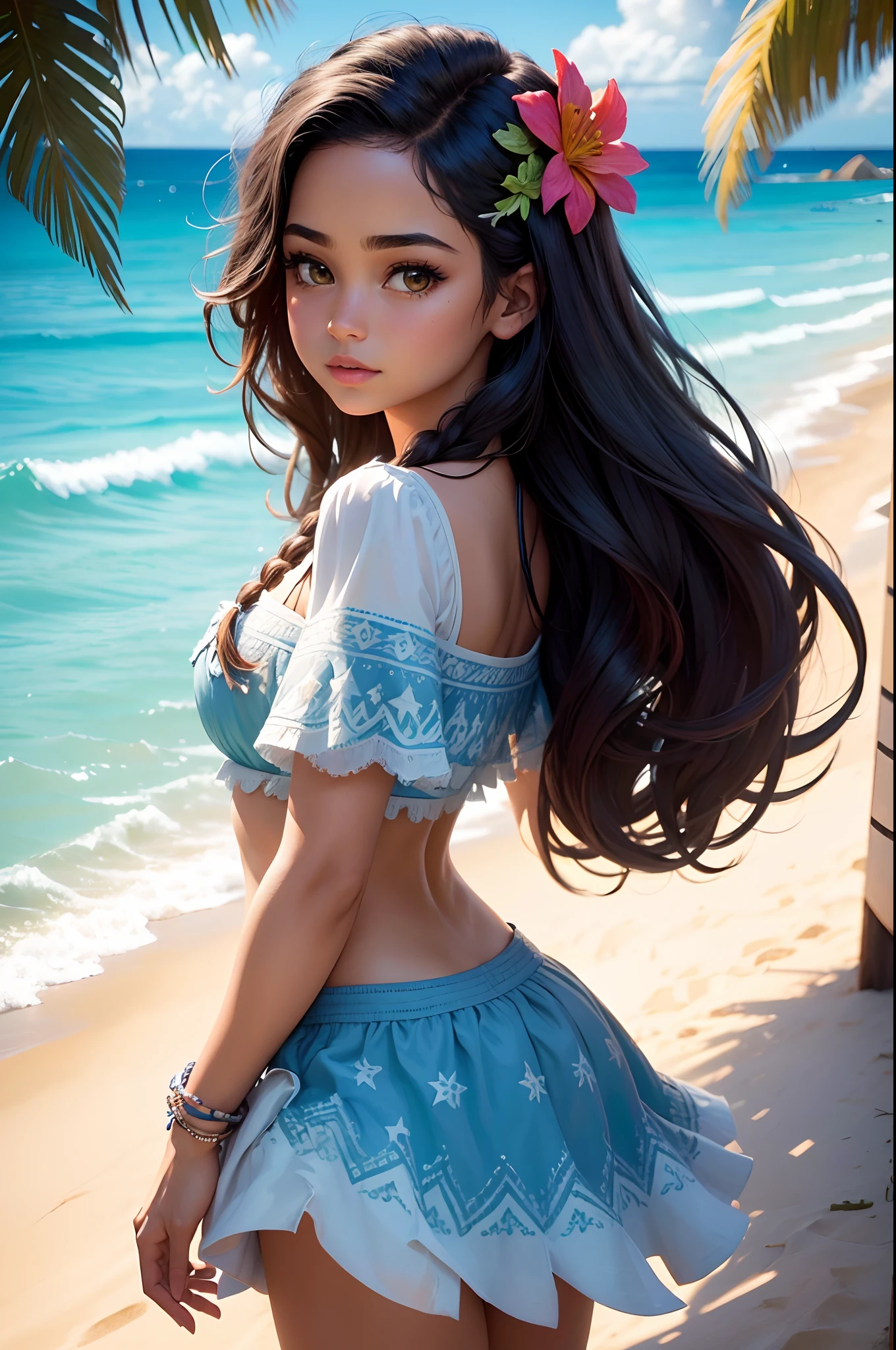 Moana, Disney, Paradisiacal beach, (extremamente detalhado CG unidade 8k papel de parede),(master part), (best quality), (ultra-detalhado), (best illustration),(melhor sombra), cowboy shot, (Sharp eyeliner, sombra, olhos detalhados:1), Fundo da cidade, ,quebrar , (star15escola:1.2), ornamento de cabelo, ,