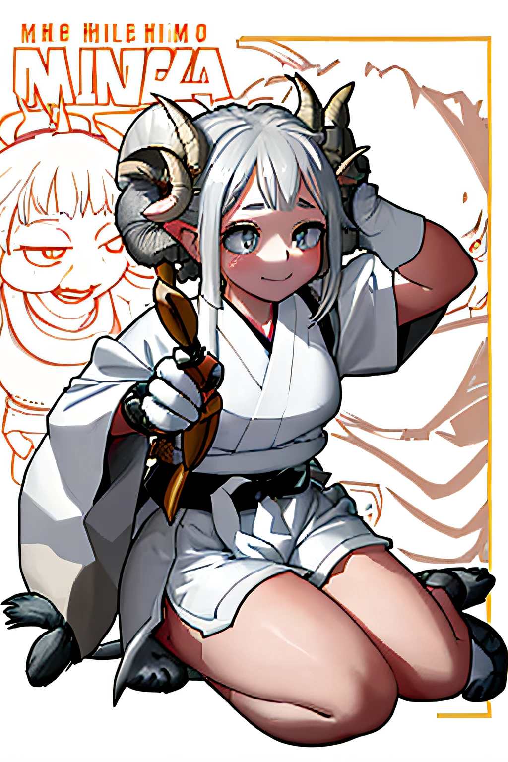 Crisp Contours、Detailed sagging eyes、Ochako、((Detailed face)),masterpiece,top-quality,(1 person) ,((light eyebrow:1.3))、Smile、((full body Esbian)), Girl with sheep motif、((Big sheep horns:1.3))、Silvery flabby eyes beautiful in every detail,((Gray round eyes)),((Fluffy long cream hair))、personification、Round childish face、loli big boobs、my hero akademia、((Wearing a white kimono)),((gloves)),((Stylish style)),((Hakama-shaped shorts:1.3)),Japanese pattern at hem、full body Esbian, With people as the main point of view、extra detailed body, girl with, femele, femele, Has a small, length hair, Wavy cream hair, Hair with parted bangs, Hair pulled back, Eyes with beautiful jewel-like details, Girl like a sheep, large full breasts, thighs thighs thighs thighs, grey eyes, de pele branca,