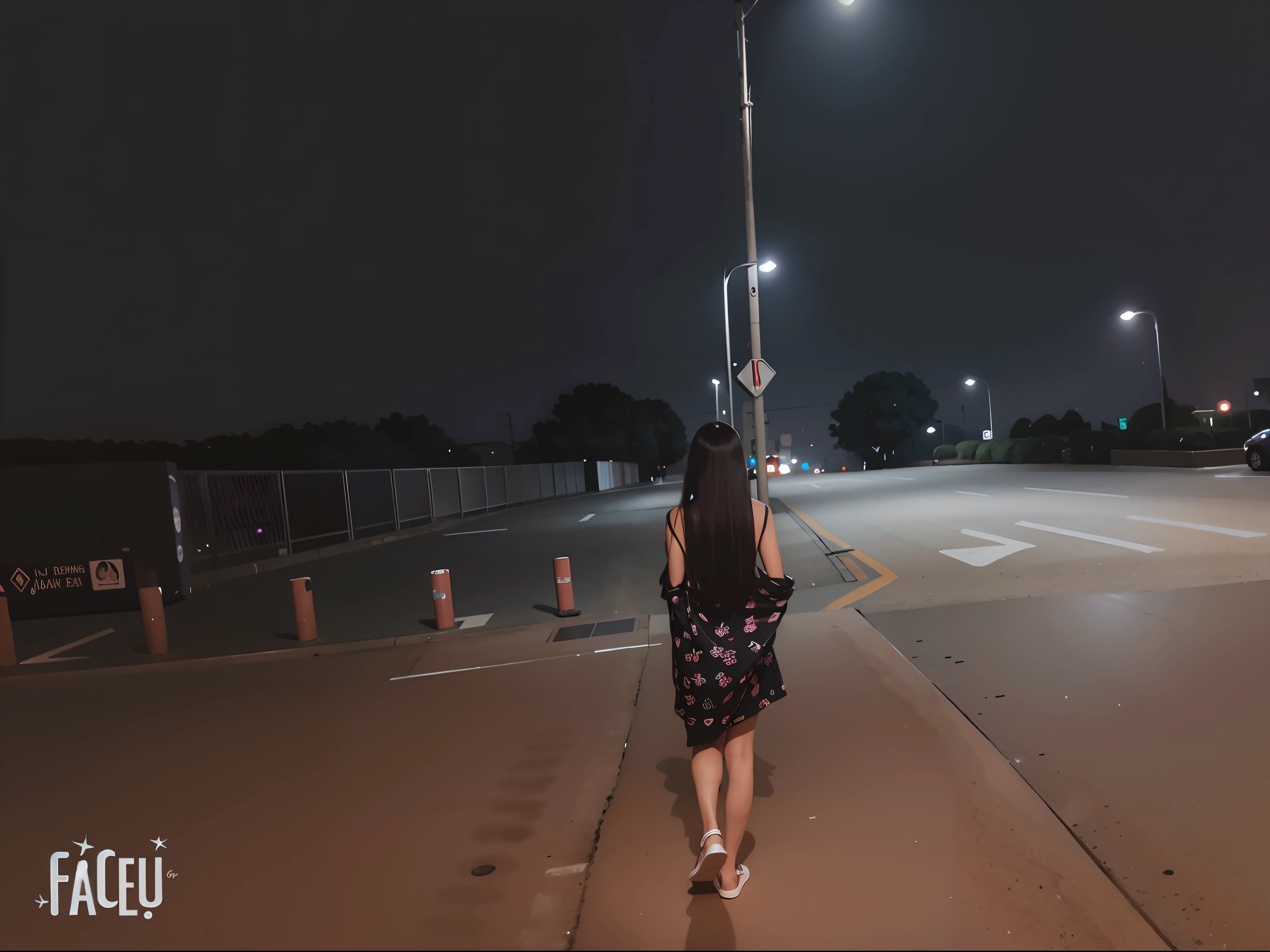 Alatei walks the street with street lamps at night, walking away from the camera, calm evening. over the shoulder shot, far away from camera, long distance photo, harsh flash photo at night, taken with canon eos 5 d mark iv, nighttime photography, taken with sigma 2 0 mm f 1. 4, standing in a parking lot