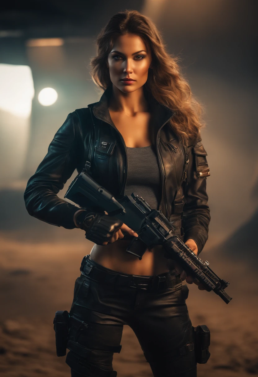 Hyper realistic photo of an attractive woman [gunslinger: bounty hunter: 0.4] standing in a apocalyptic wilderness, holding a pistol, aiming towards camera in hand, (glitchwave style:1), (top-quality、8K、32K、​masterpiece)、(The ultra -The high-definition)、(Photorealsitic:1.4)、Raw photography, Charming perfect figure, Beautiful and well-groomed face、actionpose:1.2,Detailed cyberpunk fashion, World of Cyberpunk, depth of fields, blurry background