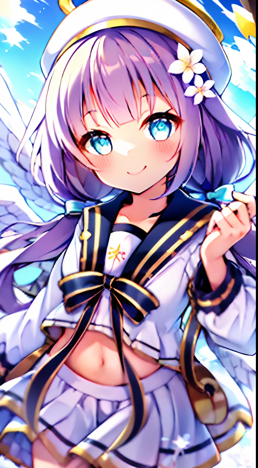 girl girl ((masterpiece,best quality)), (close_up), head_sculpture, 1girl, solo, (low twintails:1.1), light_smile, (crop top navel), yurisaki_mika, white_beret, mika_serafuku, sailor_collar, mika_halo, flower_hair_ornaments, multiple_wings, blue_sky, clouds