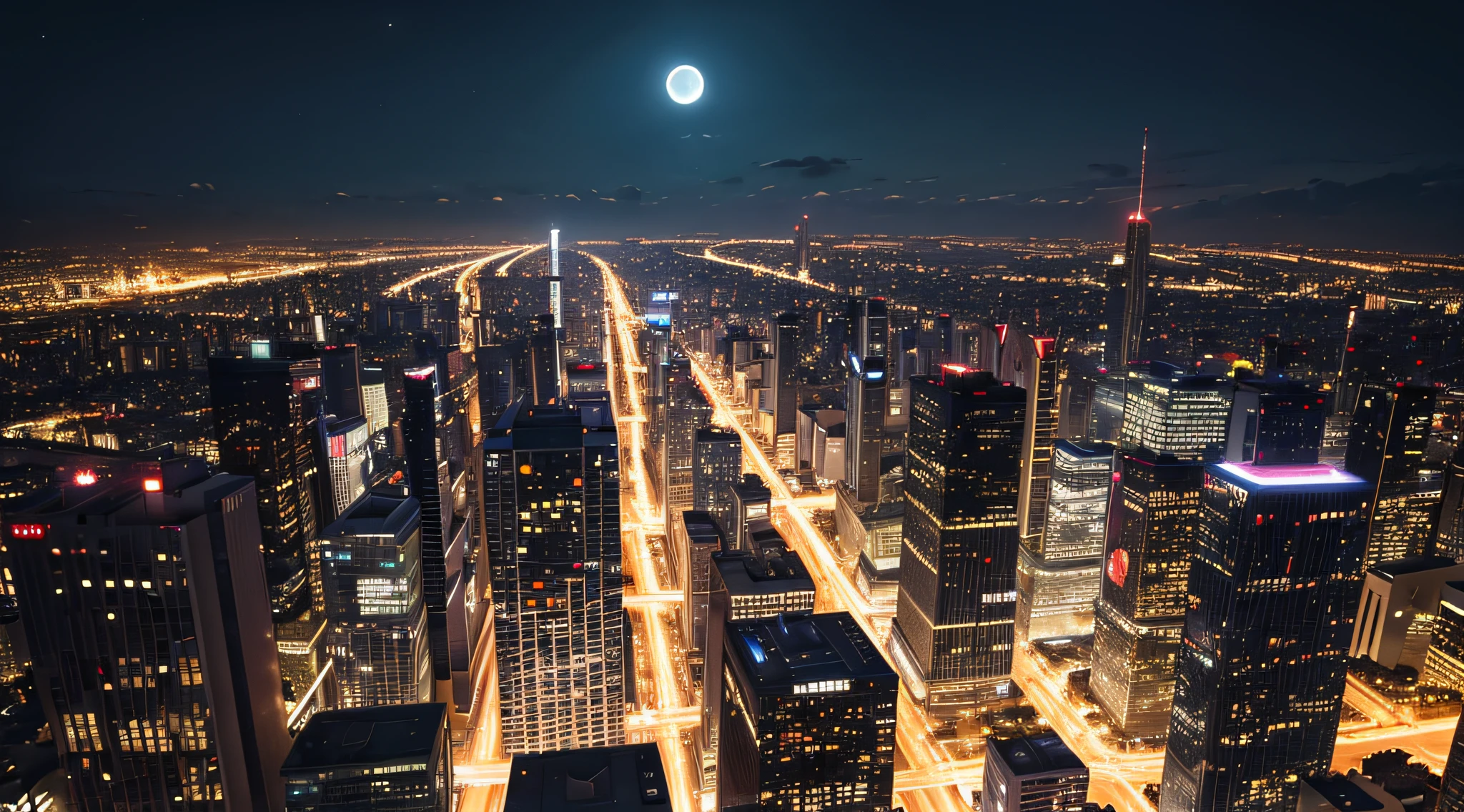 (a big metropole at night, moon on the sky), big city, sao paulo city, light cars, moviment cars, 16k, masterpiece, high quality, ultra wide angle.