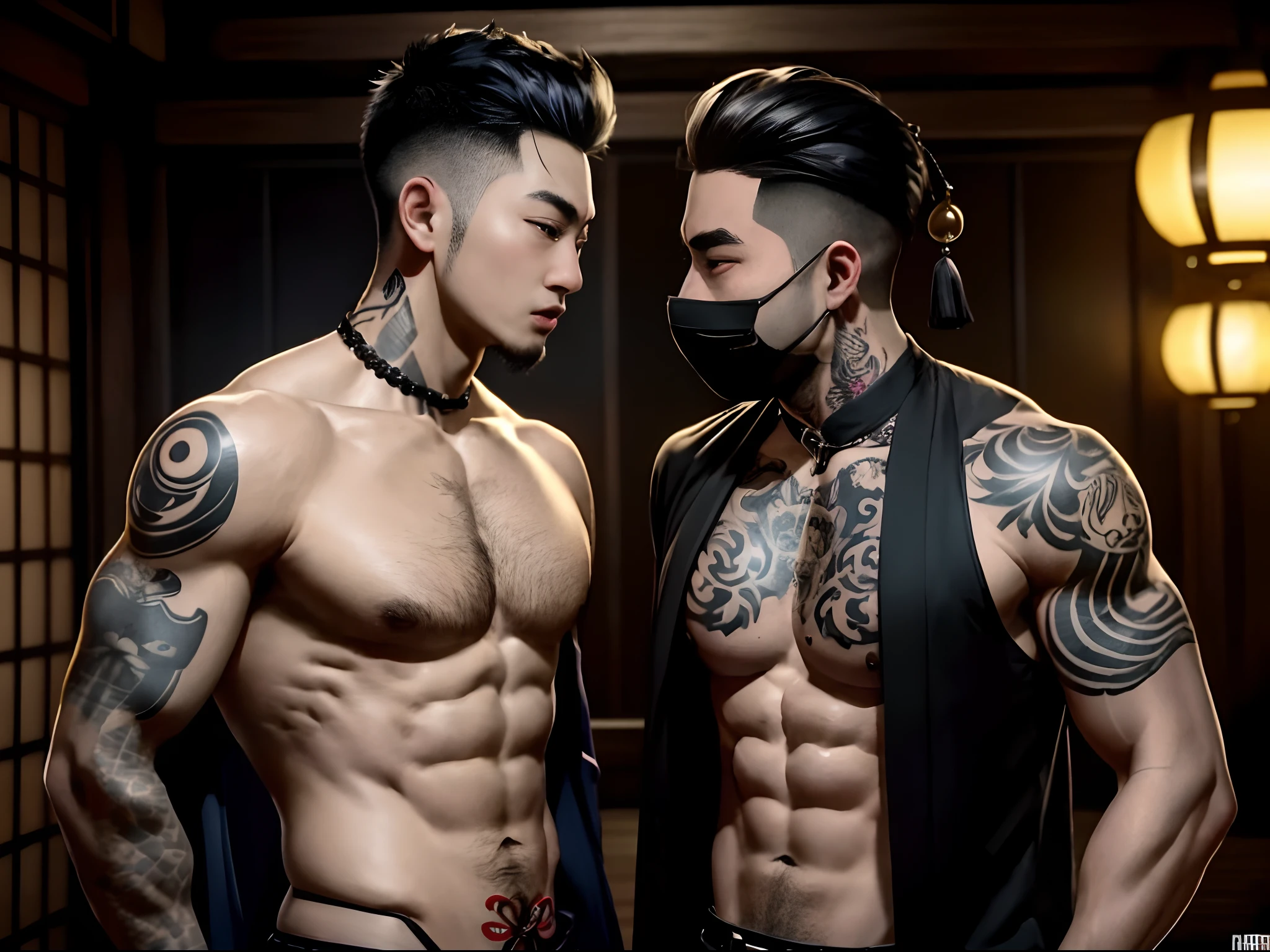 Two men with tattoos and black vests stand side by side, alessio albi and shin jeongho, & jeehyung lee & Phlegm sputum, phlegm, jin shan and ross tran, ross tran and bayard wu, ruan jia and brom, roberto ferri and ruan jia, akehiko inoue and ross tran, inspired by Wang Duo