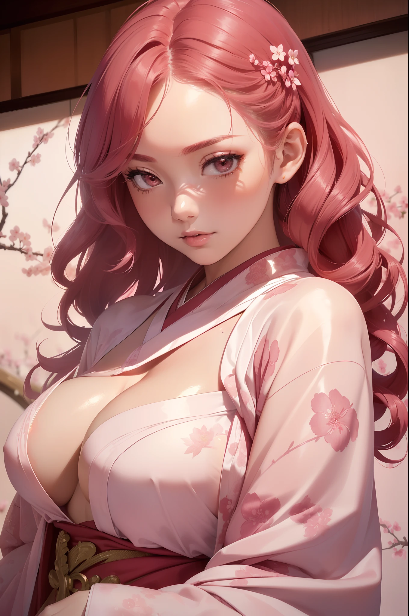 ((masterpiece, best quality, cinematic, photorealistic, ultra-detailed)), ((close-up shot)), ((alluring girl)), ((voluptuous body, perfect anatomy, sexy body)), ((glossy red skin, hot and sexy)), ((perfect hands)), ((large breasts)), ((long round legs)), (detailed and shiny hair, vibrant crimson red hair, loose waves hairstyle), ((wearing silk kimono featuring a pattern of cherry blossoms in various shades of pink and white, the fabric flows gracefully, the obi is intricately tied in an elaborate knot)), (delicate silver hairpin with a cherry blossom motif holds a small section of her hair in place), ((sensual pose, lying face down))