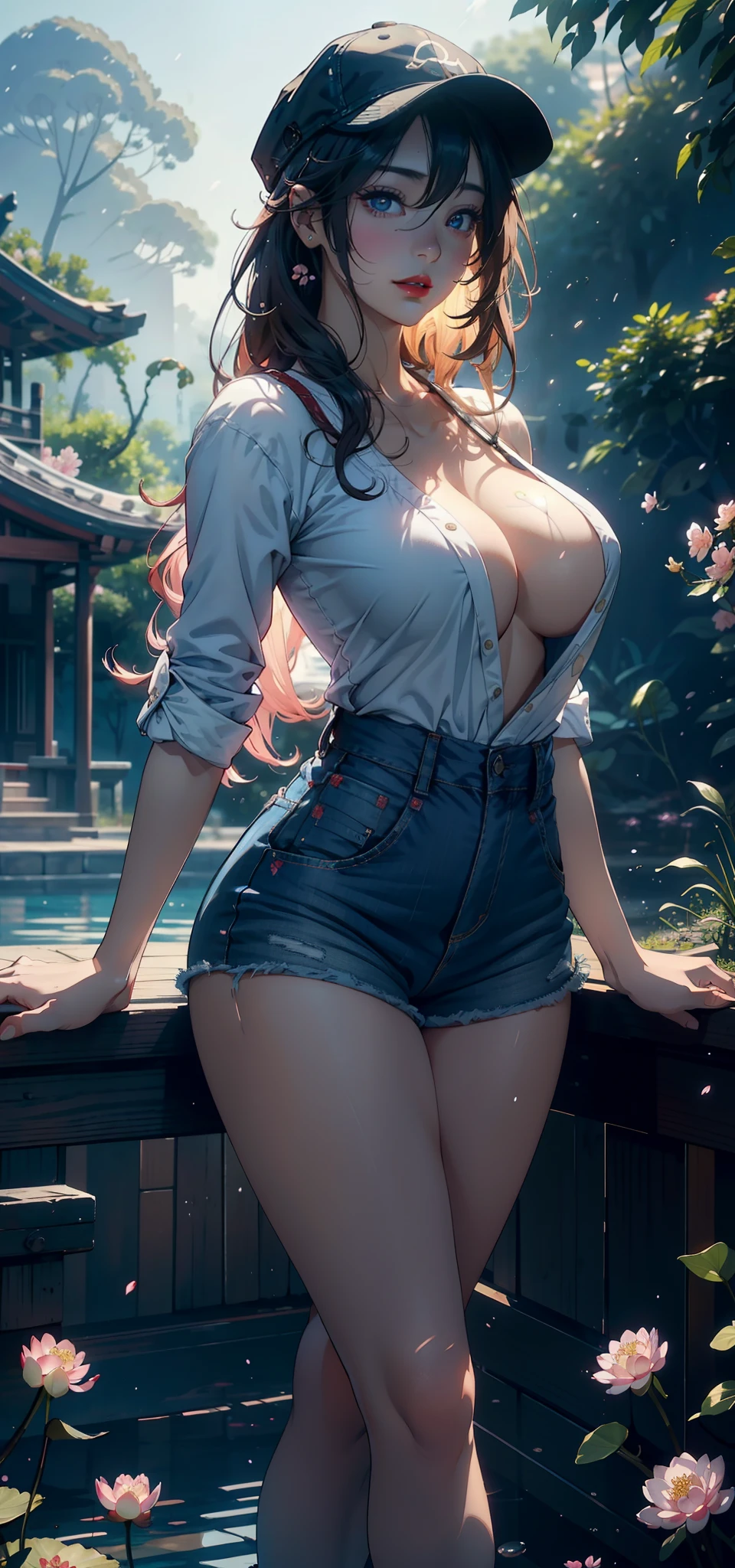 1female，45 yers old，Married Woman，熟妇，plumw，extremely large bosom， 独奏，（Background with：ponds，Cherry blossom forest，lotus flower）Lie underwater， She has long pink hair，seen from the front，， mostly cloudy sky，（（（tmasterpiece），（Very detailed CG unity 8K wallpaper），best qualtiy，cinmatic lighting，detailed back ground，beatiful detailed eyes，Bright pupils，Black eyes，Snow-whiteskin，Redlip（Very fine and beautiful），（Beautiful and detailed eye description），ultra - detailed，tmasterpiece，））facing at camera，A high resolution，ultra - detailed），revealing breasts，Bare genitalia，  Bulge，legs are open，Raised sexy，Camel toes，Desire for dissatisfaction，frontage，（Wearing：Blue denim apron，baseball cap）