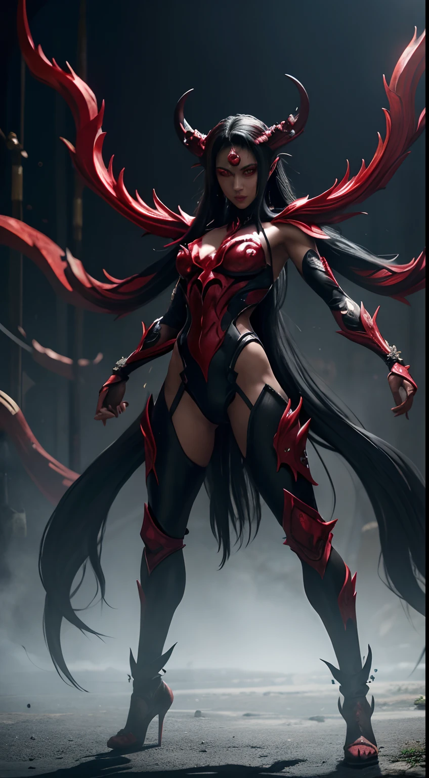 Attack of fictional creatures,Part of Ashura、Full body,Anthropomorphic Ashura Woman、Three faces in one head、6 arms、femele、red eyes、cruel、Realistic Digital, Humanoid、Convoluted, epicd, Dramatic, masutepiece, high detailing, Best Quality, 超A high resolution、Horror movie lighting