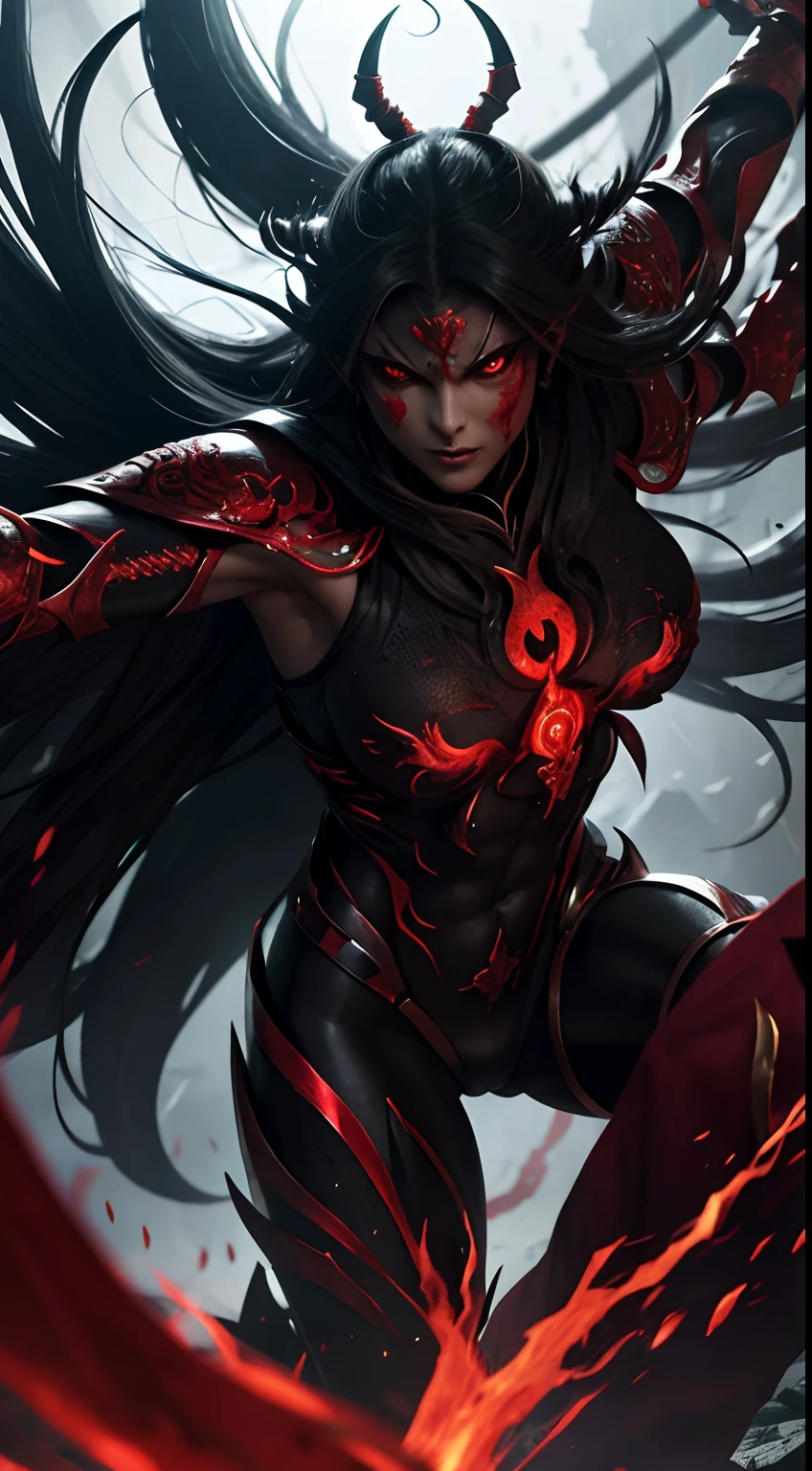 Attack of fictional creatures,Part of Ashura、Full body,Anthropomorphic Ashura Woman、Three sides and six arms、femele、red eyes、cruel、Realistic Digital, Humanoid、Convoluted, epicd, Dramatic, masutepiece, high detailing, Best Quality, 超A high resolution、Horror movie lighting