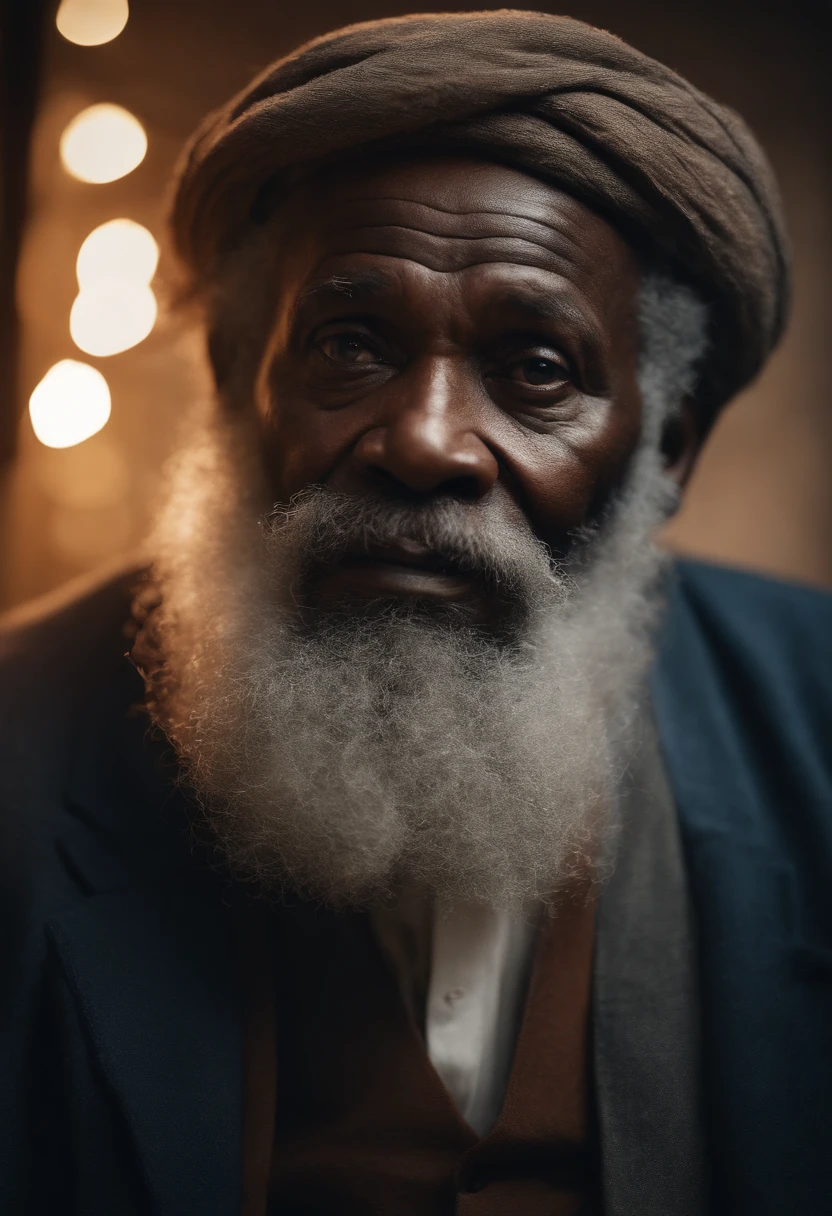 Portrait of an old African man, long grey beards and hair, with a linen attire, and full of wisdom, (best quality,4k,8k,highres,masterpiece:1.2), ultra-detailed, (realistic,photorealistic,photo-realistic:1.37), HDR, UHD, studio lighting, extreme detail description, professional, vivid colors, bokeh, portraits, warm color tones, soft lighting.
