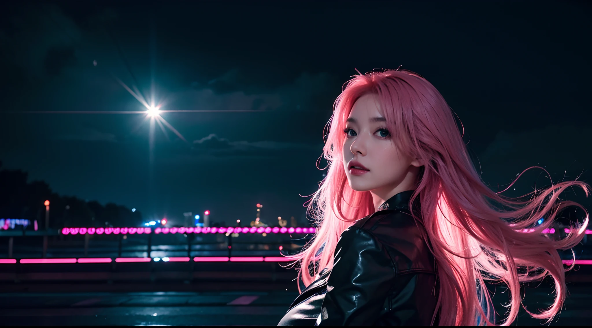 (best quality,4k,highres:1.2),ultra-detailed,(realistic:1.37) Long pink hair woman,night,neon,flying saucer,abduction,galaxy ship background,neon lights,black clothes with led, futuristic cityscape,reflection on wet pavement,dynamic motion,clouds swirling,vibrant colors,glowing moon,sparkling stars,shadows playing with light, neon costume, nsfw, hot nice body, huge boobs, (all body), sexy, happy face,