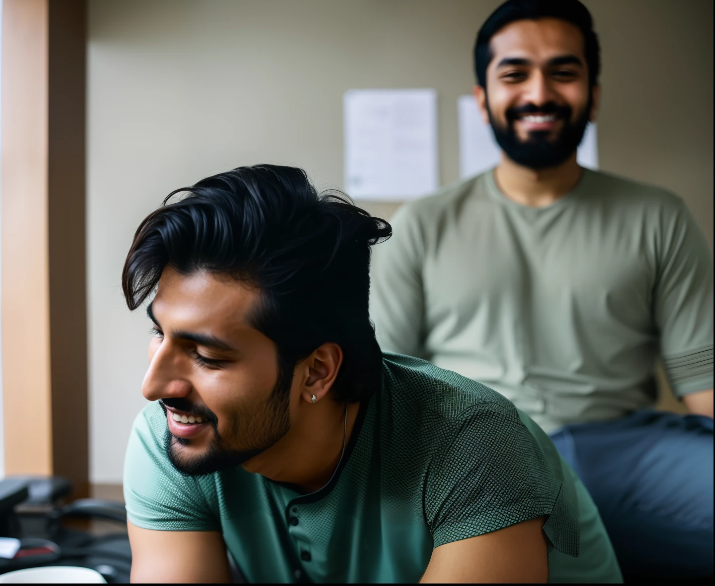 there is a man sitting in IT office with a frisbee, candid picture, ash thorp khyzyl saleem, very very low quality picture, khyzyl saleem, with a happy expression, portait photo profile picture, headshot profile picture, inspired by Kailash Chandra Meher, good looking face, mutahar laughing, profile pic, ayan nag