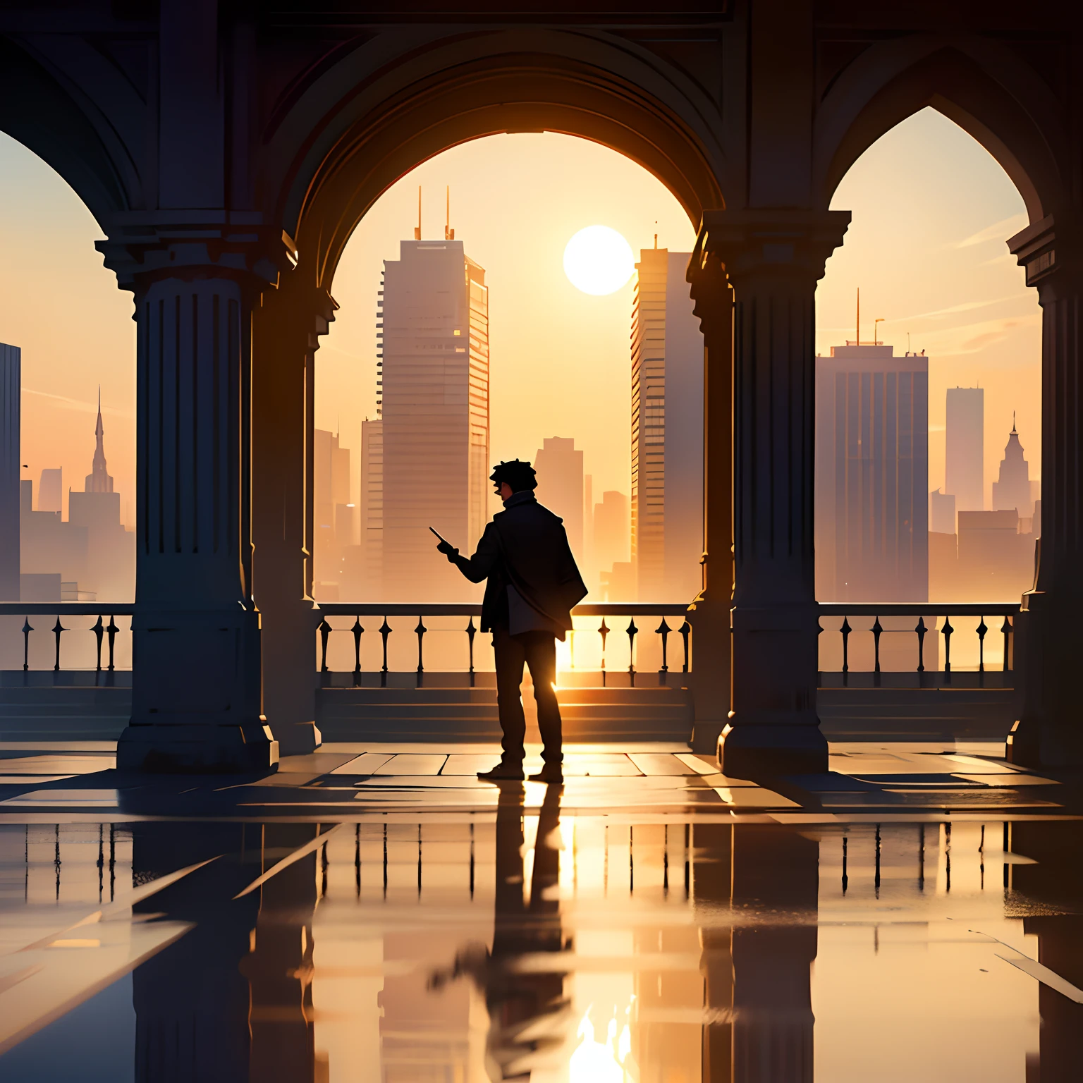 there is a man standing on a bridge reading a book, silhouette!!!, silhouette :7, during sunset, low angle photo, he is traversing a shadowy city, silhouetted, silhoutte, very low angle photograph, high quality upload, low quality photo, captured on iphone, during sunrise, taken with sony a7r camera