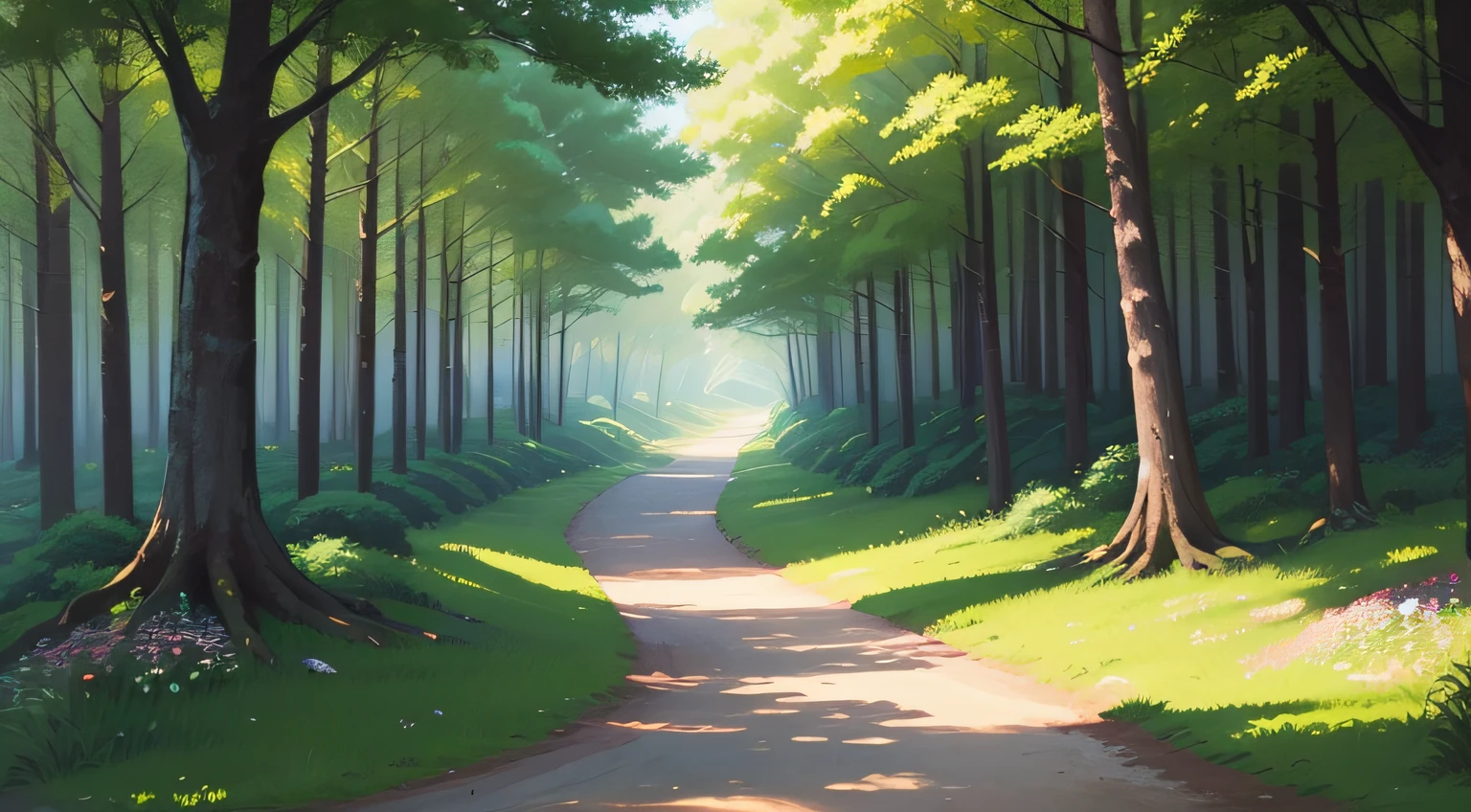 Landscape painting、(illustratio:1.3)、jpn、Path in the woods。A slightly open area、Bright sunlight、lush nature。