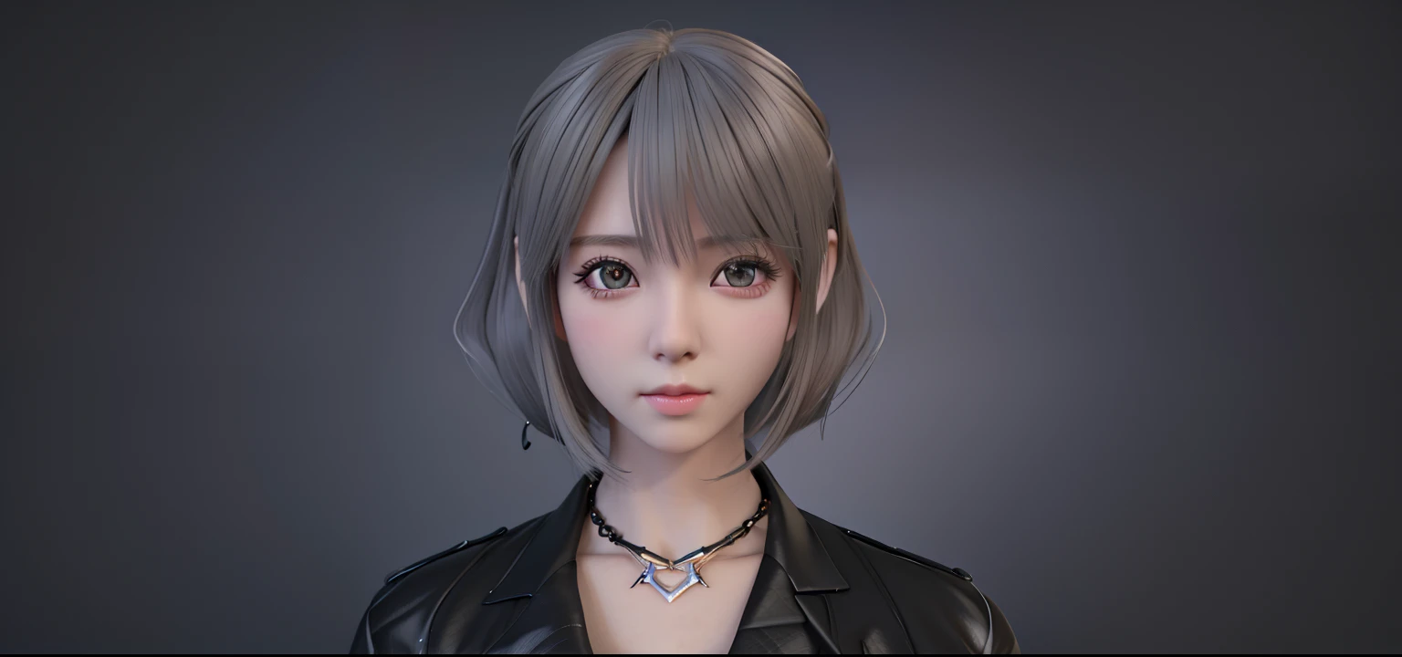 a close up of a person wearing a black jacket and a necklace, realistic anime 3 d style, kawaii realistic portrait, realistic artstyle, anime realism style, realistic portrait, realism artstyle, 🤤 girl portrait, face realistic, 3 d anime realistic, realistic detailed face, realistic face, human realistic face, detailed realistic face, realistic person, single realistic face