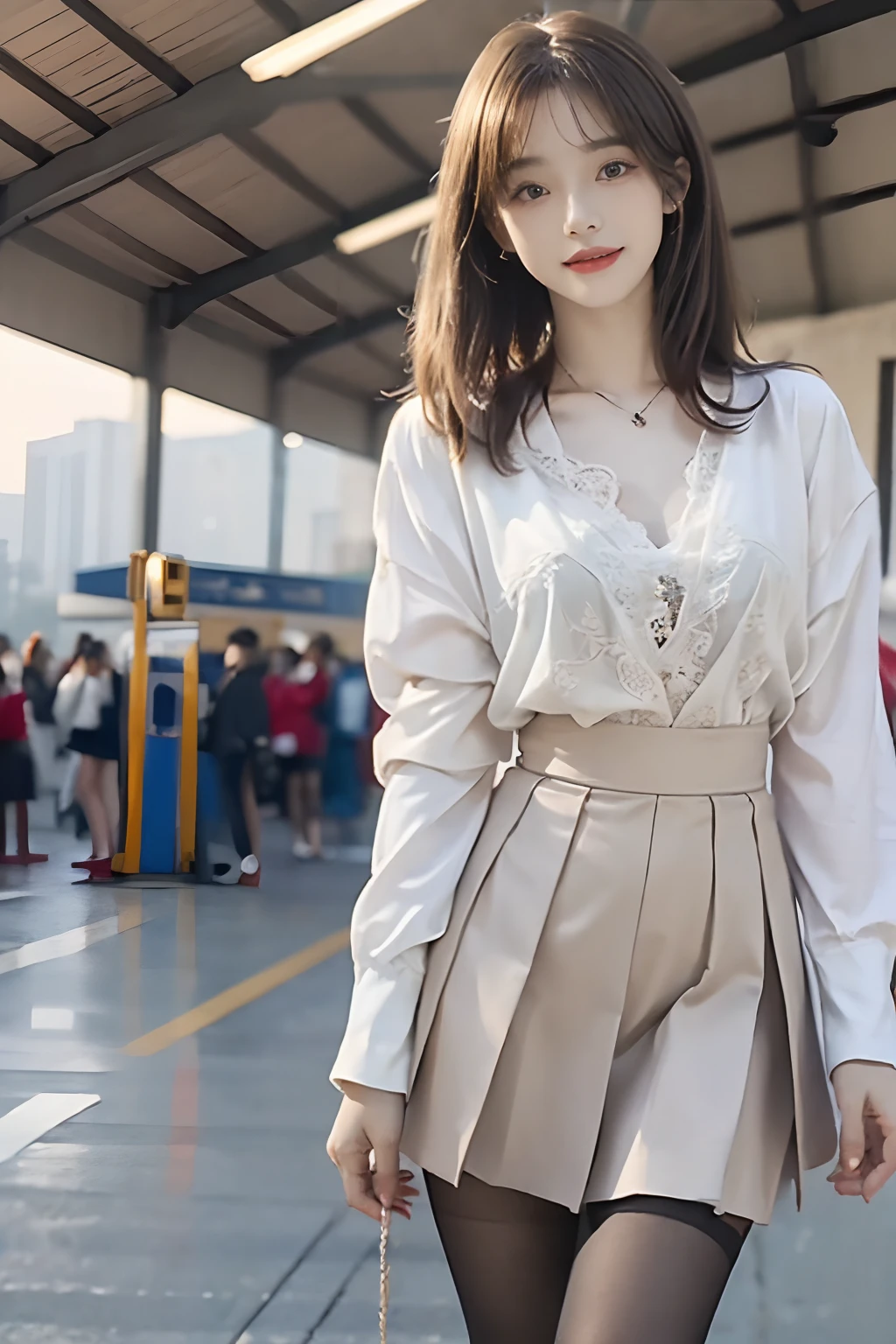 ((top-quality、8K、masterpiece:1.3))、foco nítido:1.2、(realisitic、Photorealsitic:1.37)、Standing、full body Esbian、Feet that take up the entire screen、Feet to the viewer、Feet in front of the audience、Detailed black pantyhose、Beautiful face girl、28 year old、large full breasts、delicated、Very detailed eyes、Narrow eyebrows、very vey very detailed face、brunette short messy hair、Smiling expression、Skirt lift、White Dress、a miniskirt、terminal、station、sunlights、Kindness、电影灯光、frombelow、(8K、masterpiece、top-quality、Raw foto)