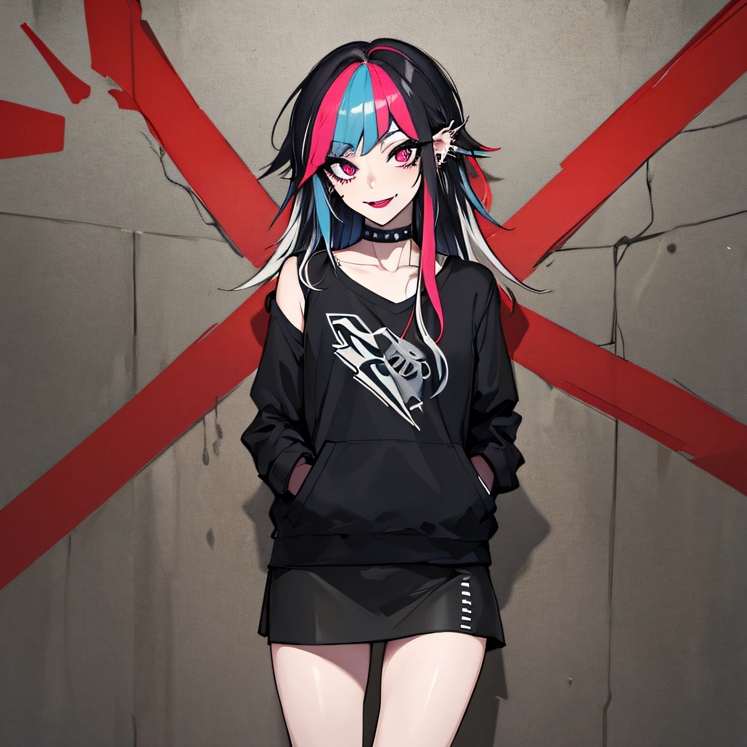 (absurdres, 8k, 4k, masterpiece, hyper extreme detailed:1.2), solo, 1girl, front view, perfect face, 1girl, portrait, expressive eyes, solo, standing, Female, perfect hands, pale skin, friendly, excited, punk rock, Long Hair, Multicolored Hair, black choker, black lipstick, Piercings, Ear Piercings, Lip Piercings, Nose Piercings, small Bust, smile, street clothing, half body, perfect anatomy, hands in pockets, graphic t-skirt, anatomically correct, cowboy shot, no background, empty background, arms behind back, covered chest, white background, exposed shoulder,