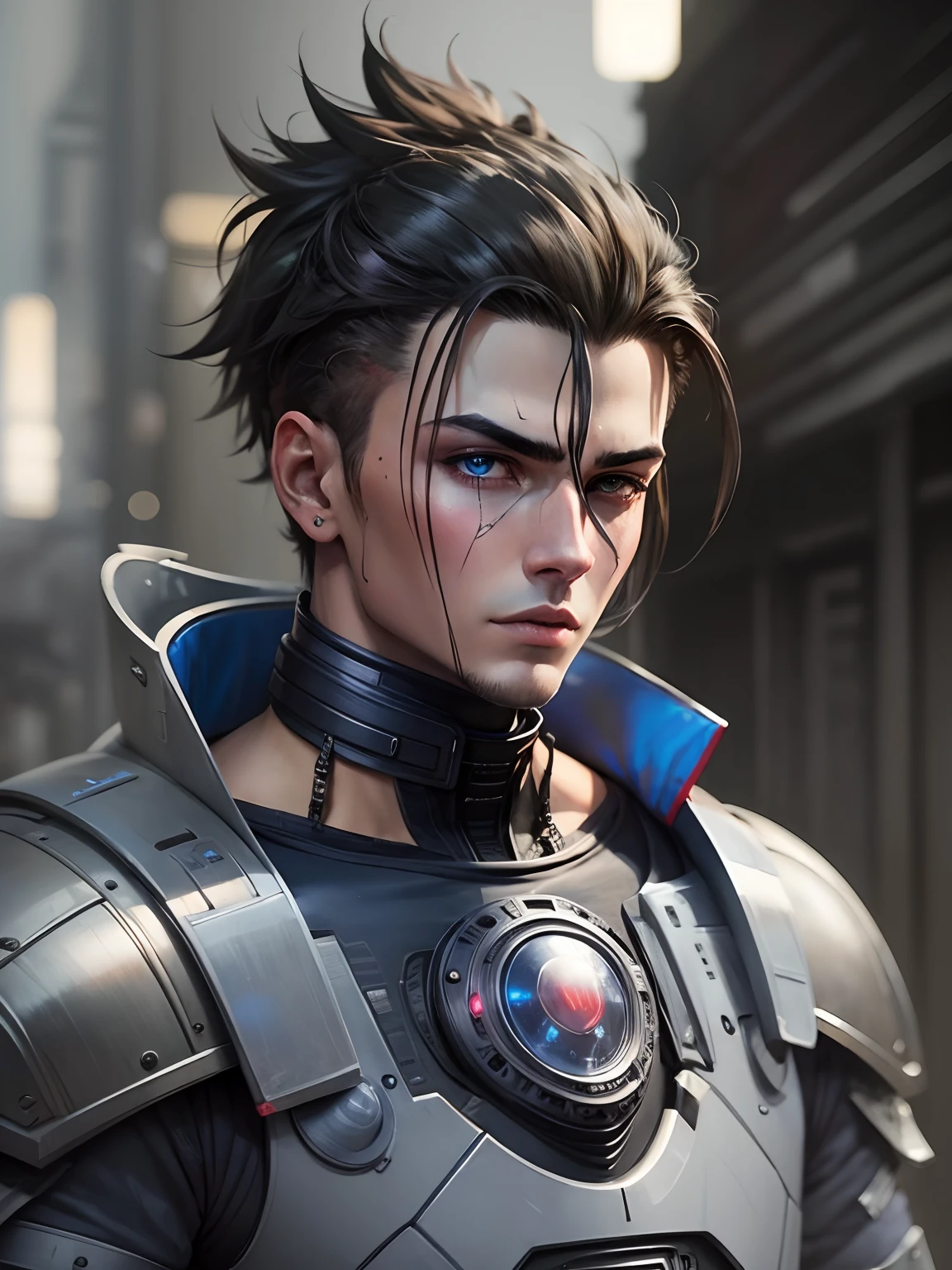 Change background cyberpunk. Handsome boy realistic face. With armour