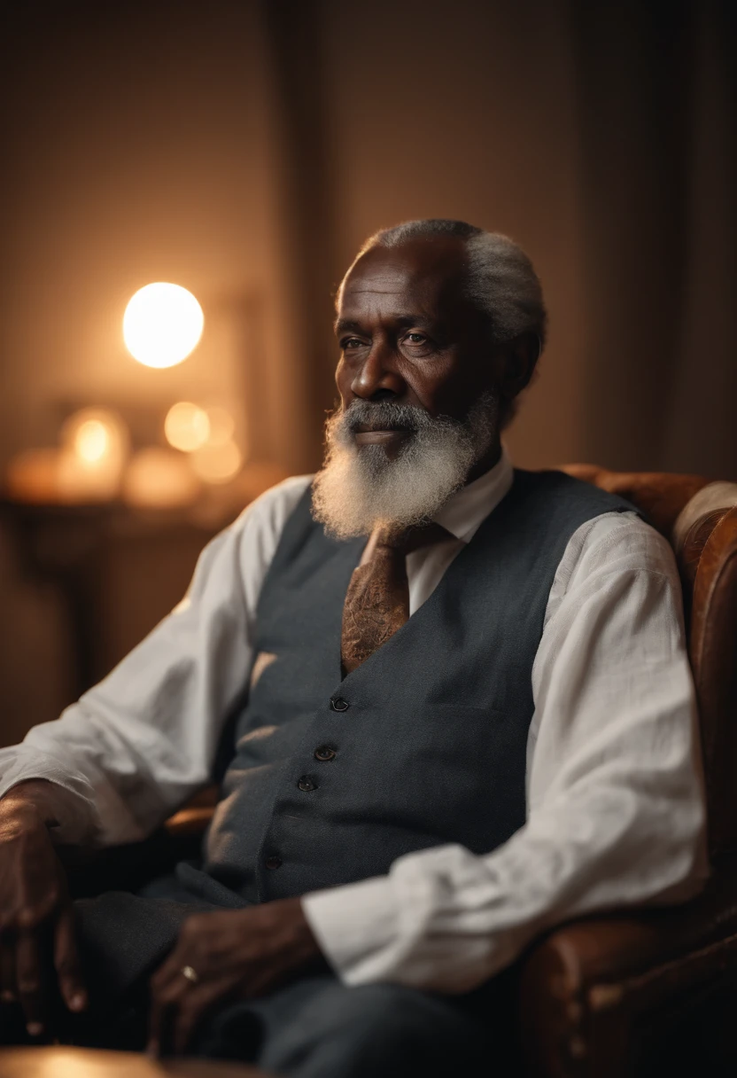 Portrait of an old African man, long grey beards and hair, with a linen attire, and full of wisdom, seated on a chair (best quality,4k,8k,highres,masterpiece:1.2), ultra-detailed, (realistic,photorealistic,photo-realistic:1.37), HDR, UHD, studio lighting, extreme detail description, professional, vivid colors, bokeh, portraits, warm color tones, soft lighting.