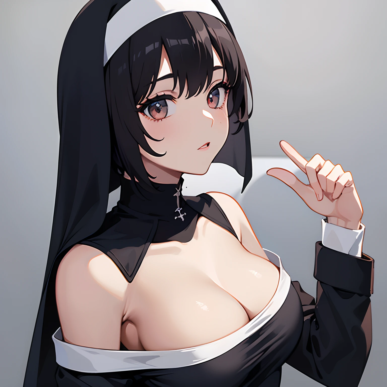 1girl, solo, best quality, masterpiece, short black hair, nun robes, uncovered shoulders,