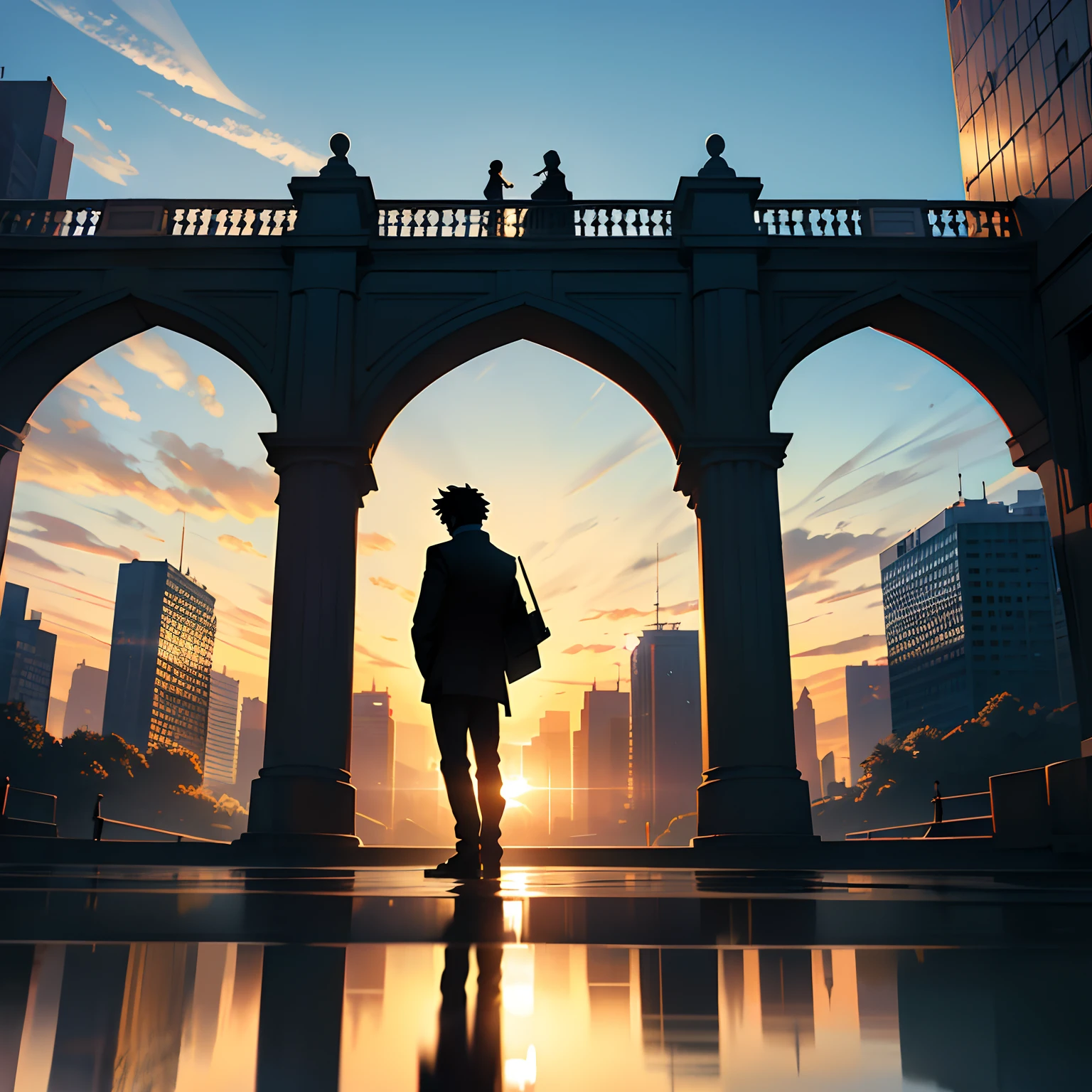 there is a man standing on a bridge reading a book, silhouette!!!, silhouette :7, during sunset, low angle photo, he is traversing a shadowy city, silhouetted, silhoutte, very low angle photograph, high quality upload, low quality photo, captured on iphone, during sunrise, taken with sony a7r camera