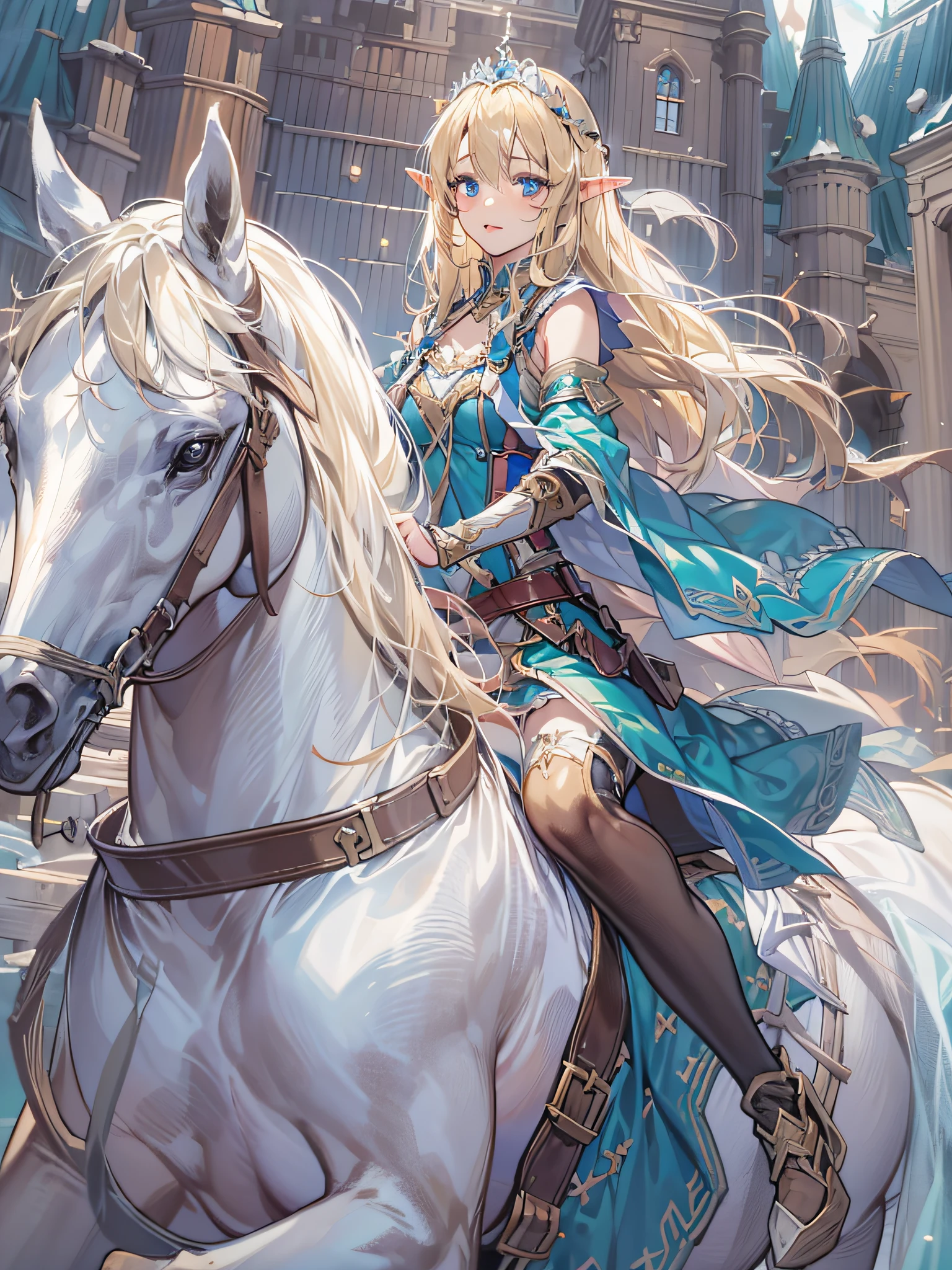 elf girl, blonde long hair, blue eyes, blue dress, silver tiara, having a ceremonial sword, riding a white horse, front of a castle