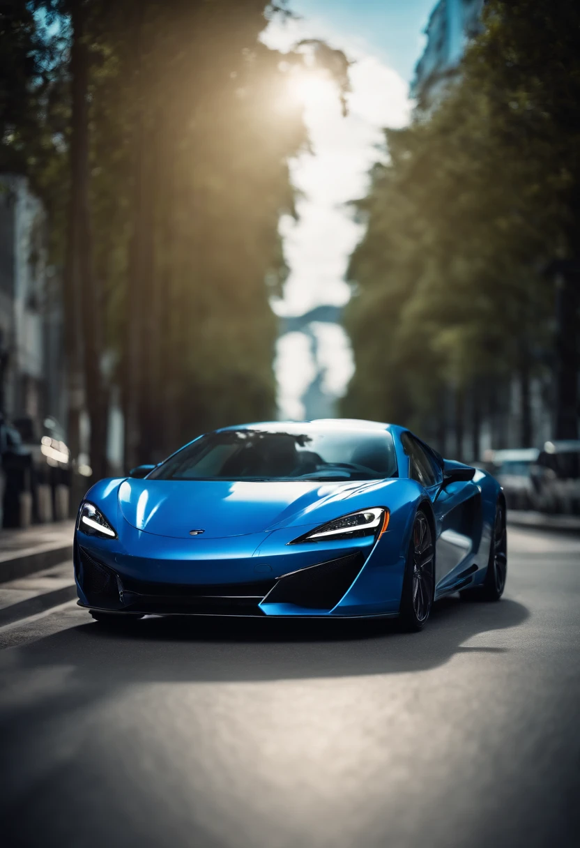 Blue car、sportscar、Without emblem、Vibrant、shine、Futuristic and forward-thinking design