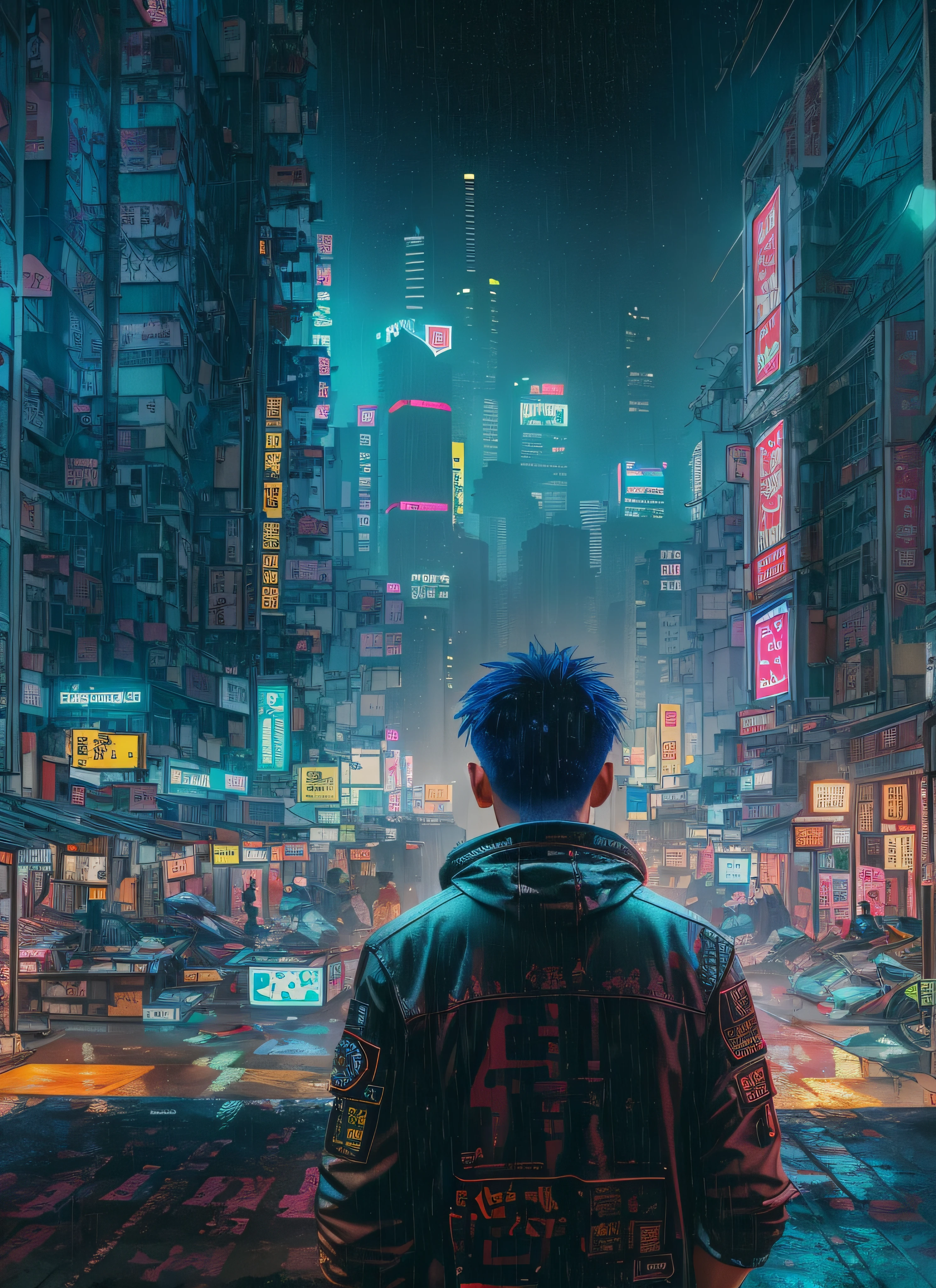 Hong Kong's Street, cyberpunk, vapor punk, a man, from the back, looking at the skyscrapers, longly, centered, middle distance, raining, (extremely detailed:1.2), (intricate neon slums in the background:1.1), hyper-detailed, (soft lighting:1.2), high resolution, filmic grain, ray tracing, Masterpiece, 8K, RAW.