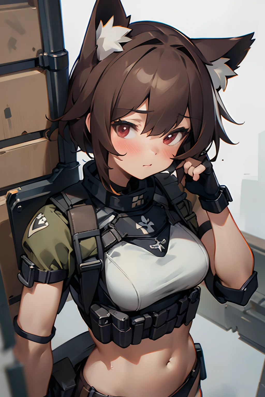 masterpiece, 8k, high quality, 1 girl, cat ears, military, tactical gear, body armor, chest rig, (pouches), red eyes, stockings, fingerless gloves, brown hair, (face portrait), closeup, ballistic plate