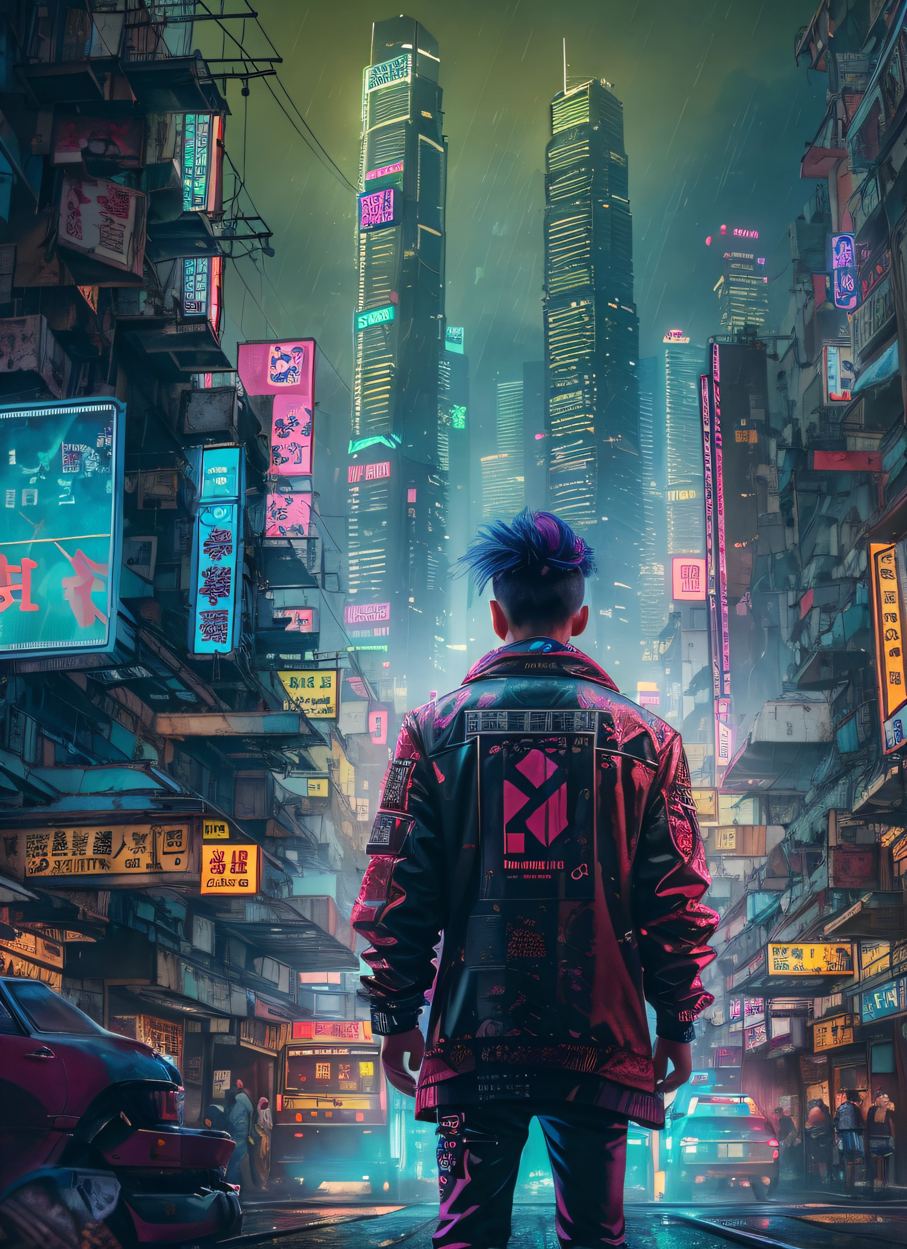 Hong Kong's Street, cyberpunk, vapor punk, a man, from the back, looking at the skyscrapers, longly, centered, middle distance, raining, (extremely detailed:1.2), (intricate neon slums in the background:1.1), hyper-detailed, (soft lighting:1.2), high resolution, filmic grain, ray tracing, Masterpiece, 8K, RAW.