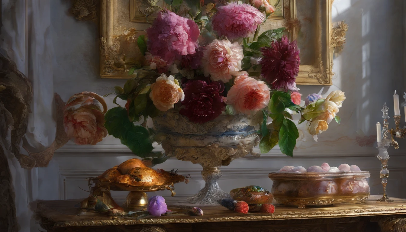 oil painting, heavy brushstrokes, paint drips, a breathtaking floral still life, Baroque, dramatic contrasts between light and dark, emotional intensity, tenebrism, soft edges, oil on canvas, romanticism, baroque, realism, chiaroscuro, Dutch Golden Age, impasto, by Rembrandt van Rijn, by Rembrandt, rich, deep colors, layered image shaded by cells, golden ratio, award winning, professional, highly detailed, intricate, volumetric lighting, gorgeous, masterpiece, sharp focus, depth of field, perfect composition, award winner, artstation, acrylic painting, pixiv fanbox trends, palette knife and brush strokes, 16k hi-res, uhd