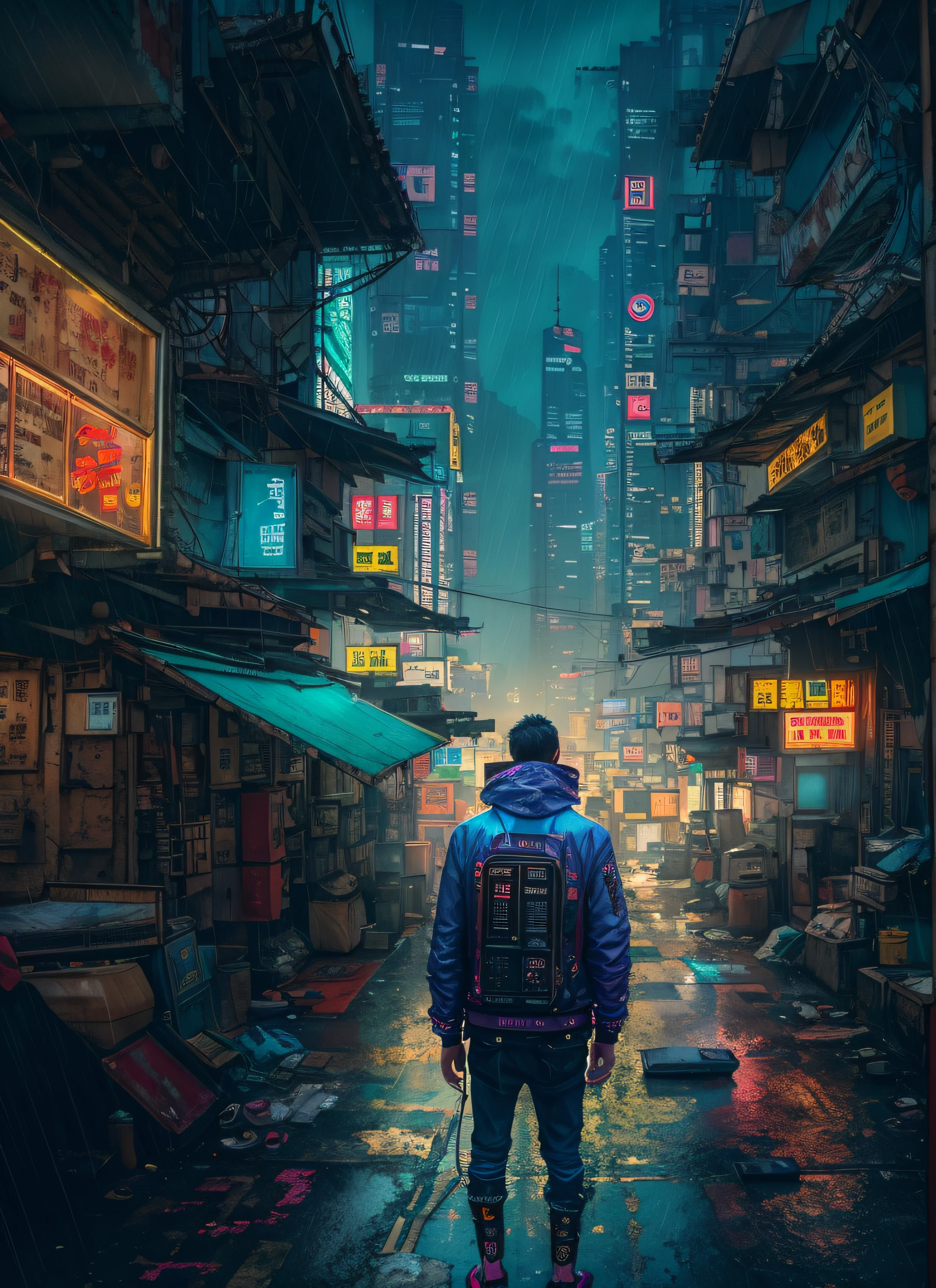 Hong Kong's Street, cyberpunk, vapor punk, a man, from the back, looking at the skyscrapers, longly, centered, middle distance, raining, (extremely detailed:1.2), (intricate neon slums in the background:1.1), hyper-detailed, (soft lighting:1.2), high resolution, filmic grain, ray tracing, Masterpiece, 8K, RAW.