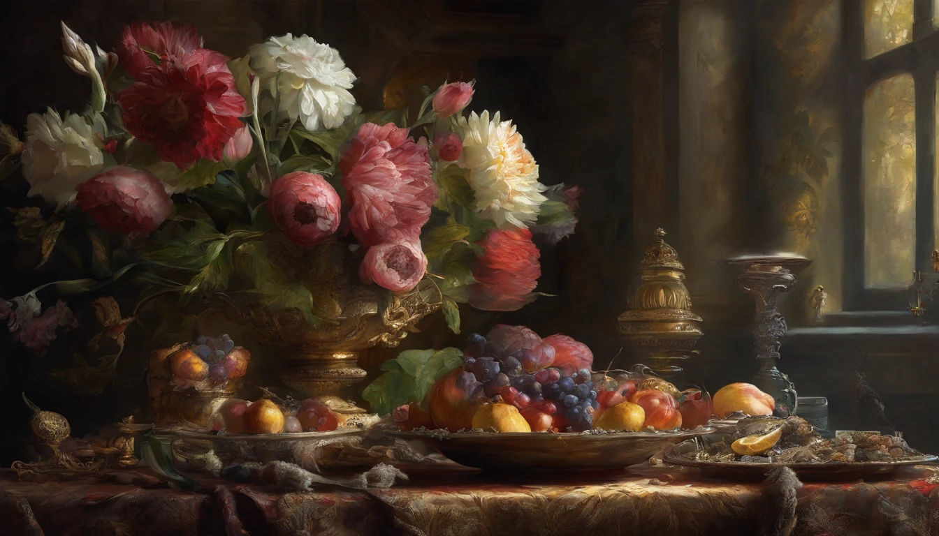 oil painting, heavy brushstrokes, paint drips, a breathtaking floral still life, Baroque, dramatic contrasts between light and dark, emotional intensity, tenebrism, soft edges, oil on canvas, romanticism, baroque, realism, chiaroscuro, Dutch Golden Age, impasto, by Rembrandt van Rijn, by Rembrandt, rich, deep colors, layered image shaded by cells, golden ratio, award winning, professional, highly detailed, intricate, volumetric lighting, gorgeous, masterpiece, sharp focus, depth of field, perfect composition, award winner, artstation, acrylic painting, pixiv fanbox trends, palette knife and brush strokes, 16k hi-res, uhd