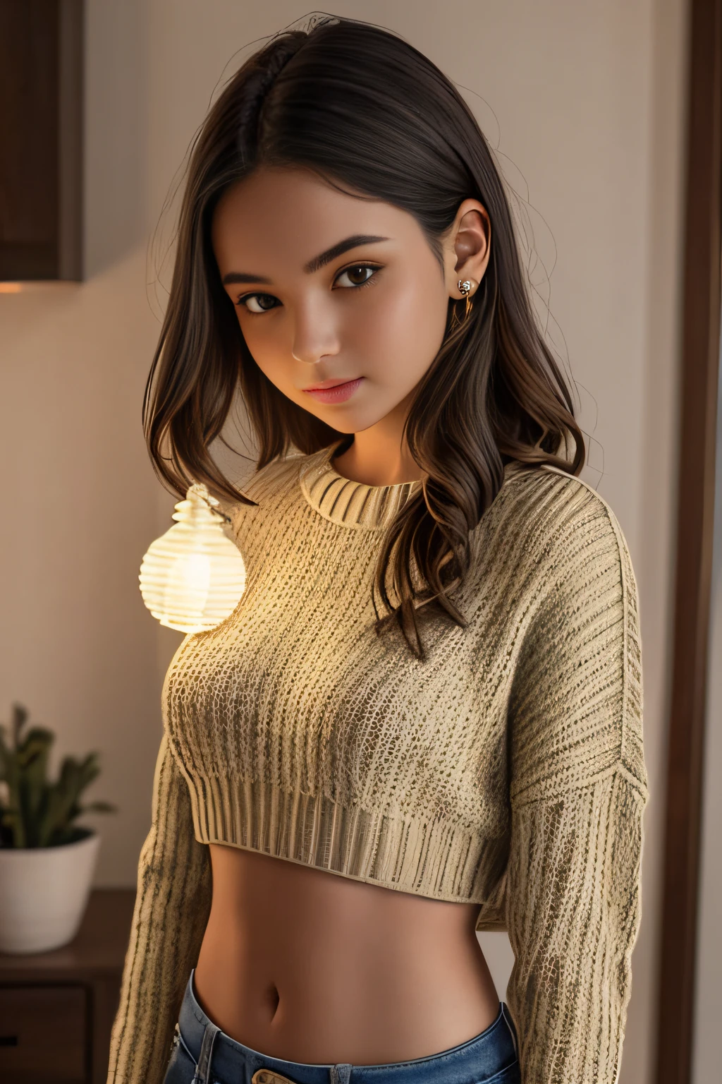 cropped sweater, midriff, sweater, 1girl, detailed face, hanging laterns, illustrated