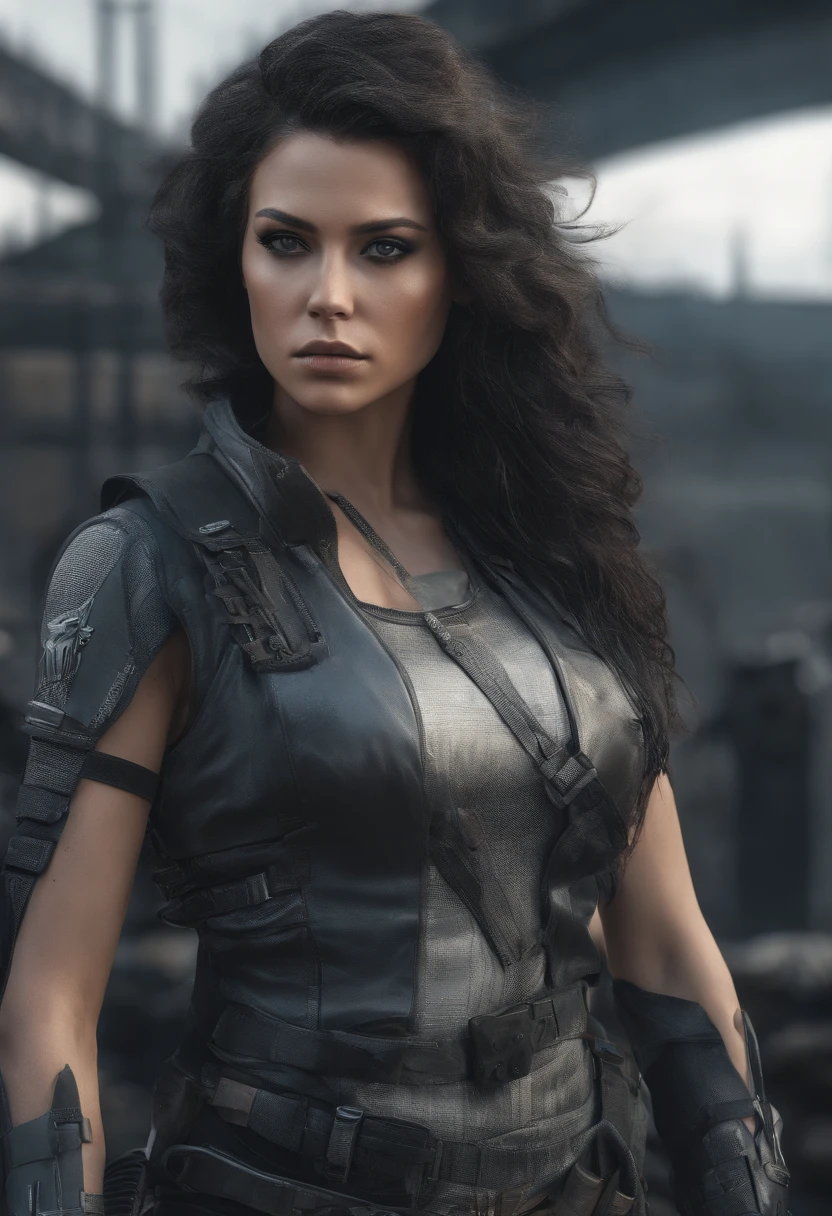 Hyper realistic photo of an attractive woman [gunslinger: bounty hunter: 0.4] standing in a apocalyptic wilderness, holding a pistol, aiming towards camera in hand, (glitchwave style:1), (top-quality、8K、32K、​masterpiece)、(The ultra -The high-definition)、(Photorealsitic:1.4)、Raw photography, Charming perfect figure, Beautiful and well-groomed face、actionpose:1.2,Detailed cyberpunk fashion, World of Cyberpunk, depth of fields, blurry background